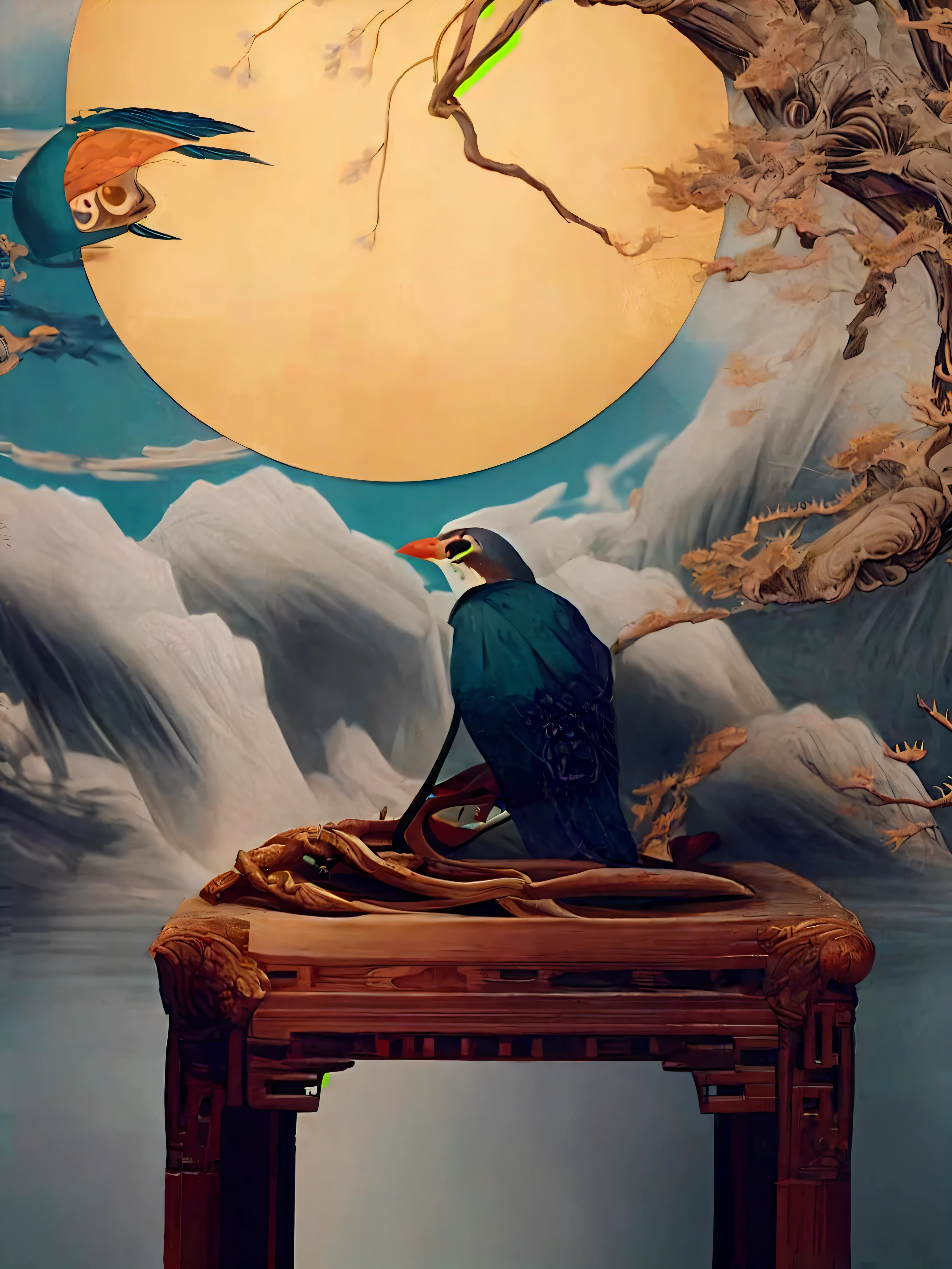 there is a bird sitting on a wooden table with a painting on the wall, inspired by Koson Ohara, inspired by Ma Yuan, chinese surrealism, inspired by Liu Jun, inspired by Li Cheng, beeple and james jean, james jean and wlop, inspired by Yuan Jiang, ruan jian, inspired by Luo Mu, inspired by Lu Zhi