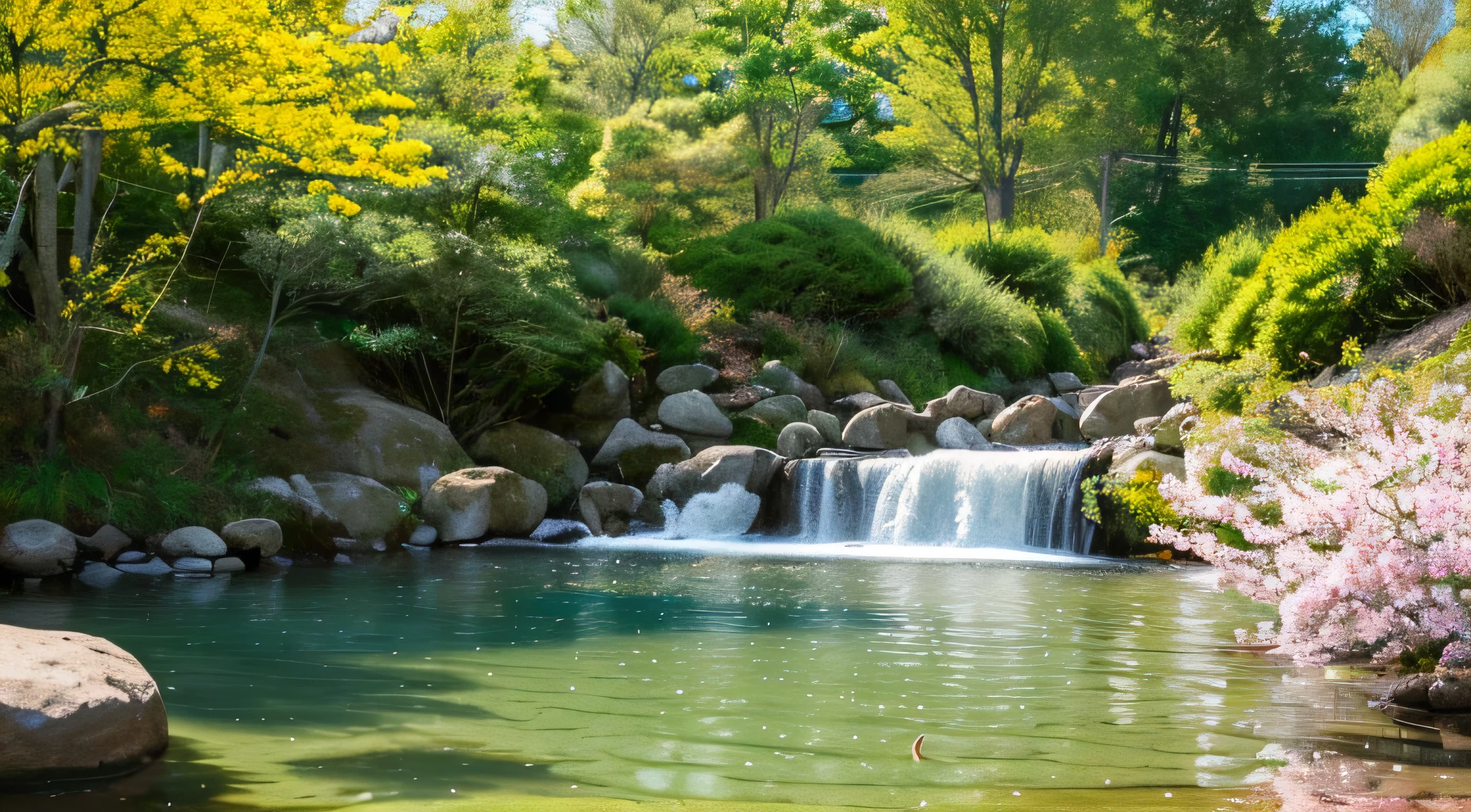 Japan、Japan庭園, 満開のcherry blossoms、Koi Pond、最high quality、high quality、very detailed、genuine、super fine、clear water、cherry blossoms、emerald green water、8k、landscape Pop music colorful、