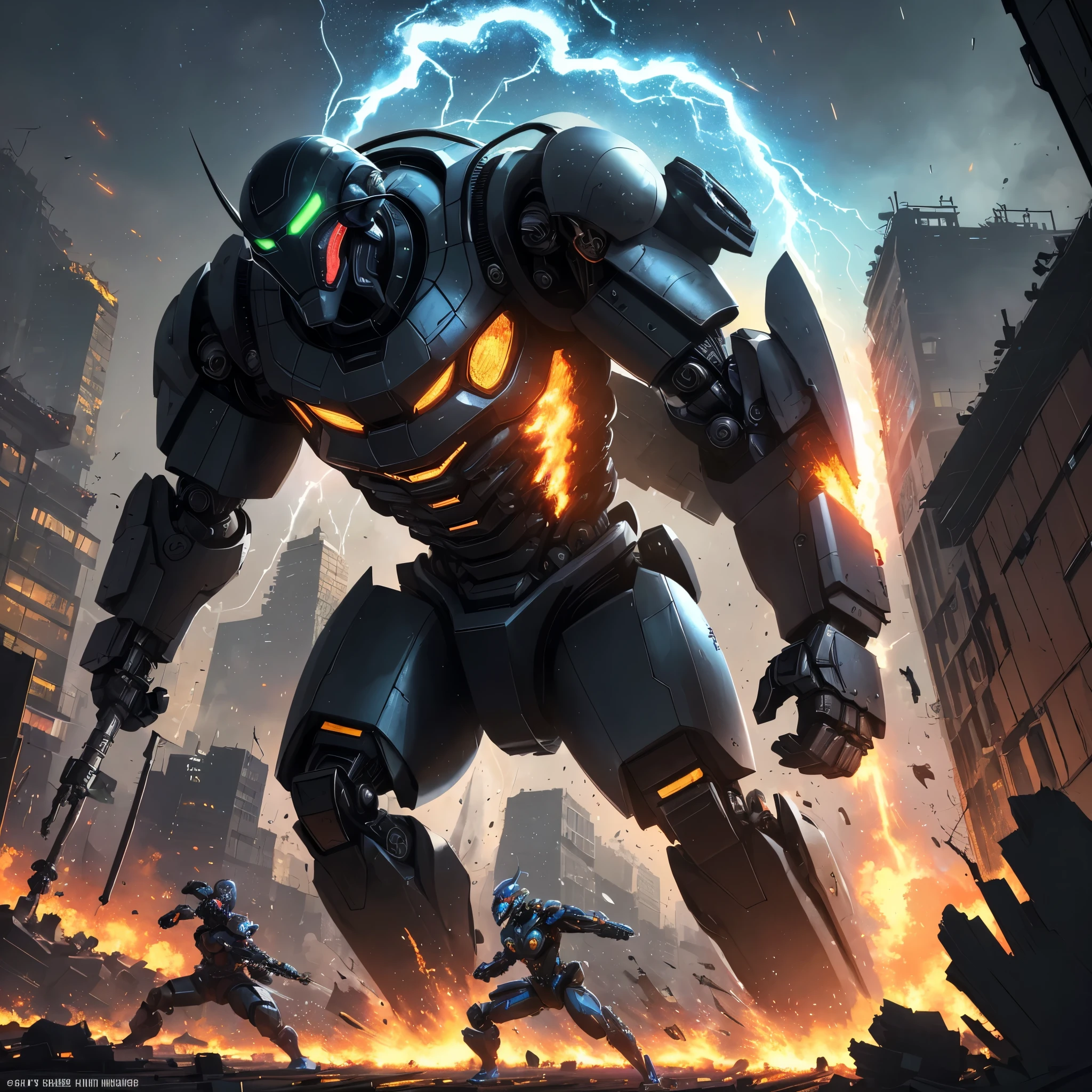 (best quality,4k,highres), (realistic:1.37), ultra-detailed, (professional), (vivid colors), (bokeh), vintage paper texture, Wu Guanzhong's art style, dynamic brush strokes, intense battle scene, intricate details, power-packed punches and kicks, towering buildings crumbling, vibrant explosions, energy bolts and beams, sparks and smoke, dramatic lighting, intense facial expressions, determined robot pilot, menacing alien beast, epic struggle of good vs evil, frenetic action, deep perspectives, attention to anatomy and proportions