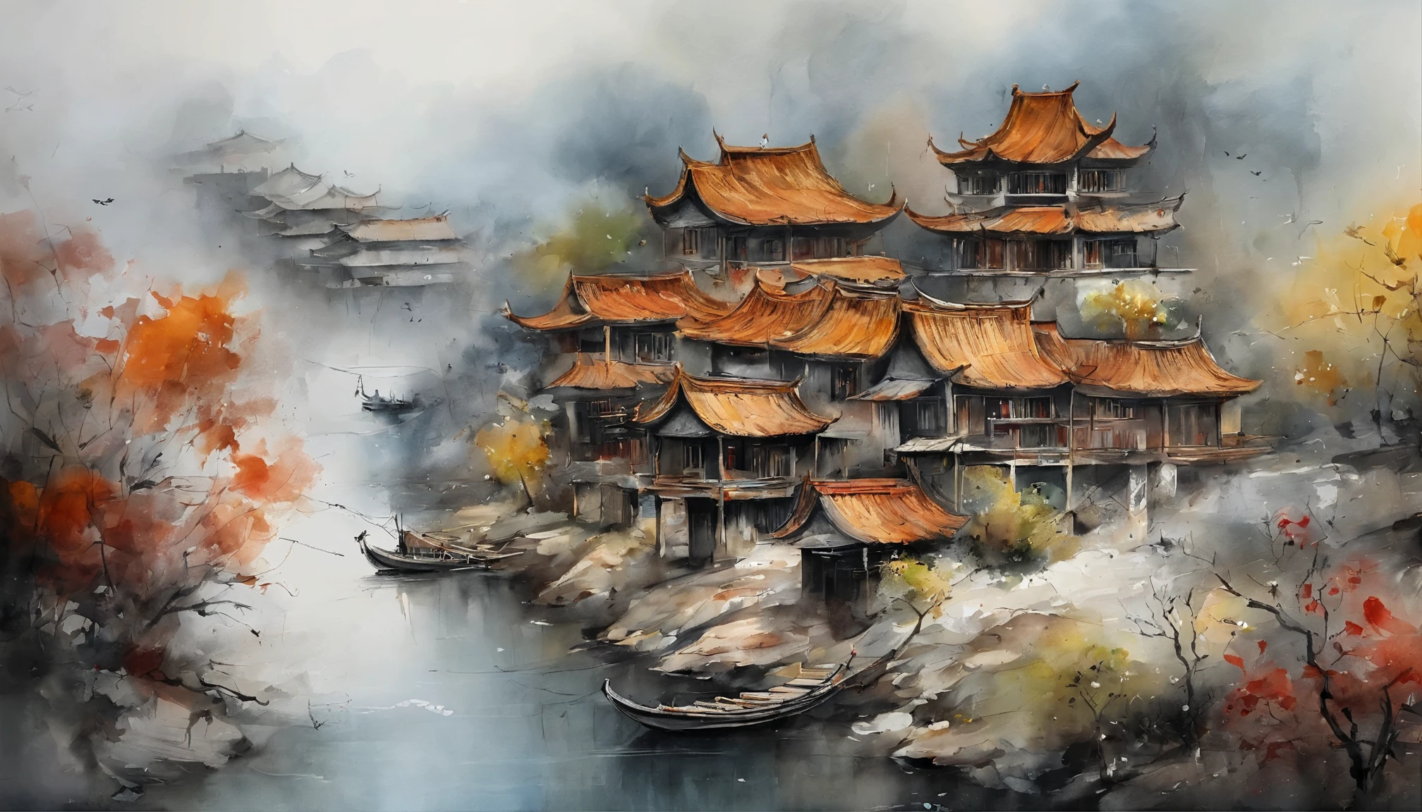 ink画,吴冠中ink画,A combination of East and West,ink,ink,Jiangnan water town,black and white art,Wu Guanzhong style,Wu Guanzhong Art,8k,Super fine,Super realistic,masterpiece,masterpiece,best quality