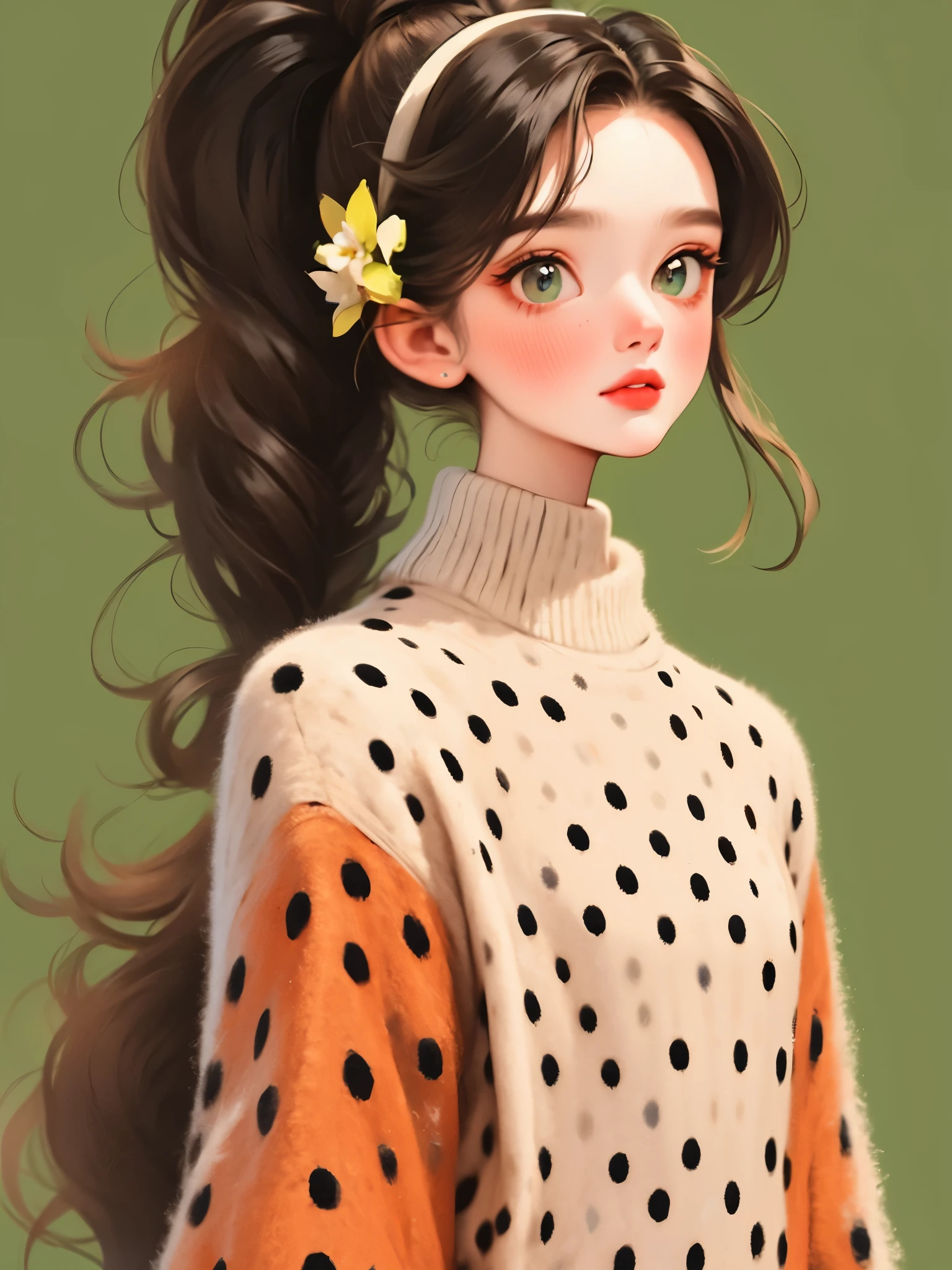 (masterpiece, best quality:1.2),flower arrangement art，watercolor painting，black irregular lines，a beautiful girl，Skin detail processing，The eyes are finely described，Delicate hair，ponytail，black high-neck sweater，White geometric pattern，Sweater details，hairy，Warm，Retro contrasting colors，flower brooch，clean background，green，blue，red，
