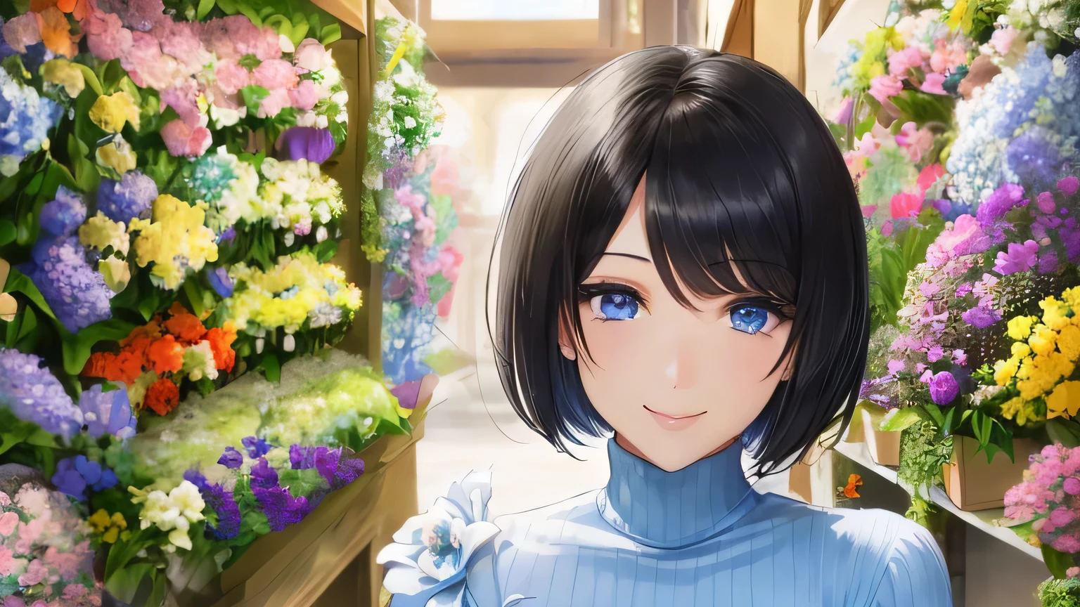 1 female、28 years old、美New髪, black hair、shortcut、bob cut、Rin々New、slanted eyes、eyeliner is clear、light blue eyes、long face、big smile、small bust、light blue long sleeve turtleneck、Looking at flowers at a flower shop