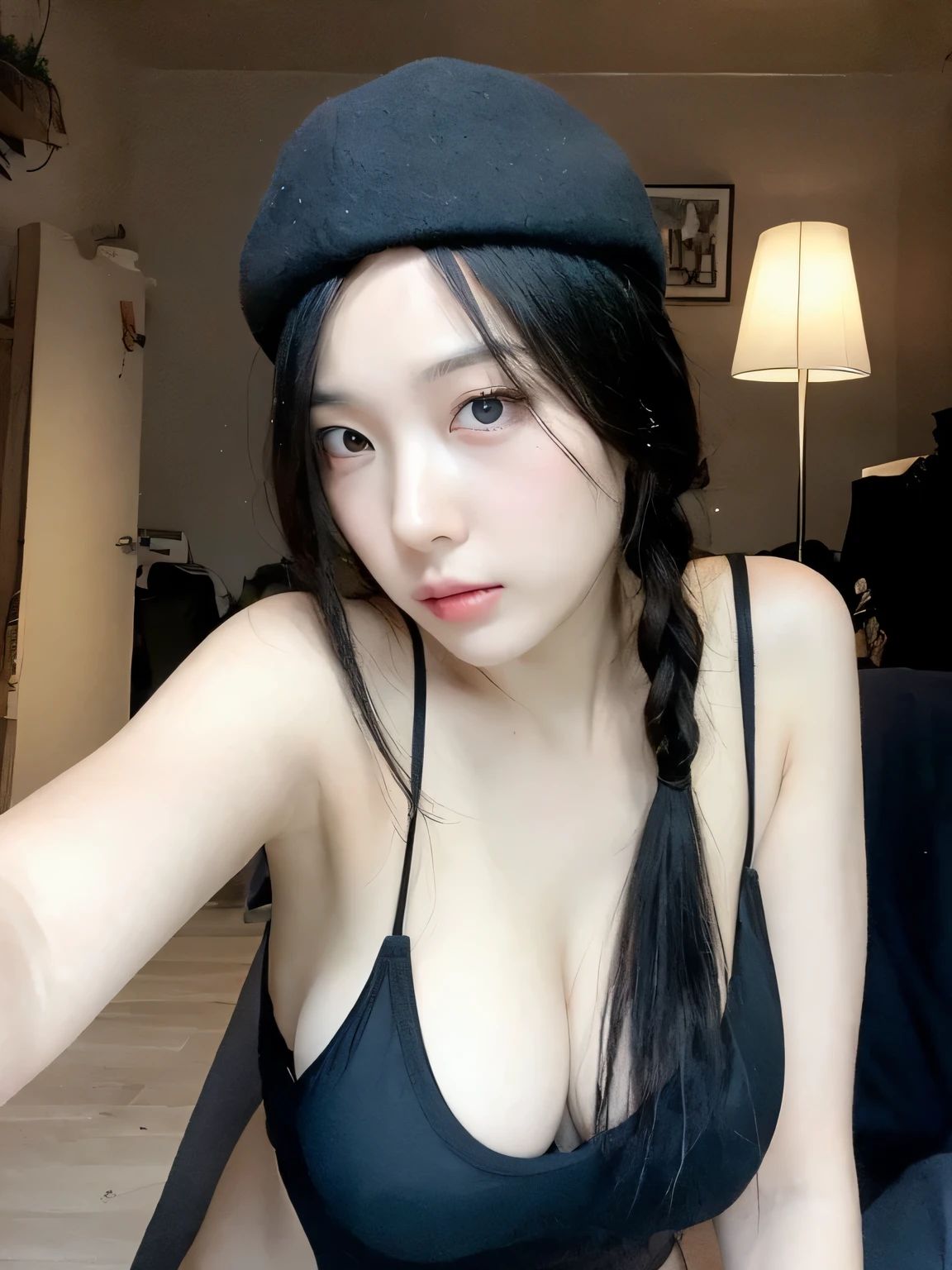 There was a woman wearing a black bra and hat posing for a photo.., 22 years old, has black braids, Model, 24 years old, 18 years old, 2 3 years old, 2 7 years, 21 years old, 2 8 years, Sakimi-chan, sexy face, Good girl, Age 2 9 years