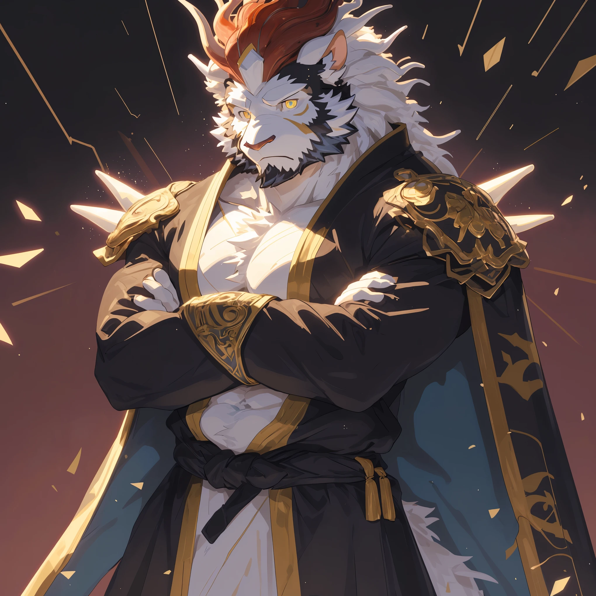 (Kirin:1.5),(Gorgeous golden battle robe:1.5),32k high quality detailed art,(Kirin:1.1), (((white fur:1.8))),(white cool color),(Gold and blue different color eyes:1.6),(muscular body:1.2),Handsome,(OK),(perfect face),(anger:1.1),(golden and white skin:1.6),(Thunder background:1.6),(Full body close-up:1.5),Publaz, (Kirin:1.1),(((Neat and decent body:1.5))),Handsome, (OK),Express,(Thunder background:1.4),(eyes:1.3),(Kirin tail),不同的Express,(perfect masterpiece),(32k),(abdominal muscles:1.3),(((middle aged:1.4))),(36 years old),(alone),(Golden sideburns:1.5),(Golden-bearded:1.3),(black chin:1.3),(black and white face:1),(Very rich facial details:1.3),(Strong),(Half body),(front view),(cg),(HD),(serious expression:1.6),(White lines:1.4),(scales:1.3),(white ears:1.4),(自信的eyes:1.4),(Domineering pose:1.5),(bird&#39;s eye view),(stand),(front view)