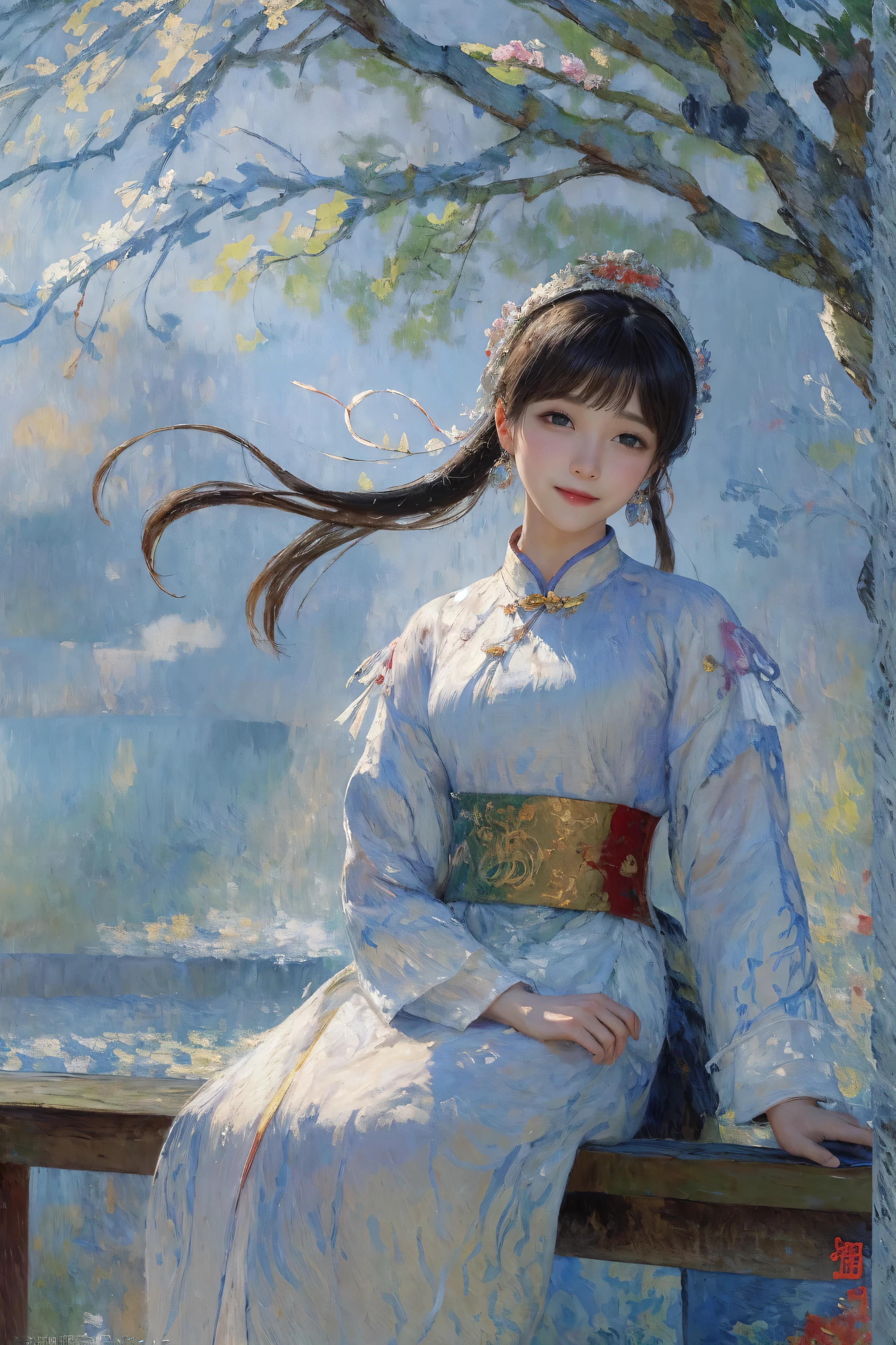 8620 \(iron dance\),masterpiece, best quality, super detailed, illustration,looking at the audience,white chinese clothes,:d,sitting,(Impressionism:1.4),