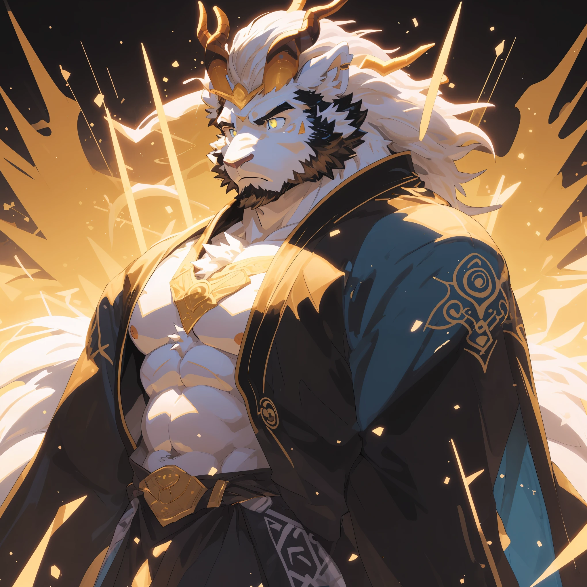 (Kirin:1.5),(Gorgeous golden battle robe:1.5),32k high quality detailed art,(Kirin:1.1), (((white fur:1.8))),(white cool color),(Gold and blue different color eyes:1.6),(muscular body:1.2),Handsome,(OK),(perfect face),(anger:1.1),(golden and white skin:1.6),(Thunder background:1.6),(Full body close-up:1.5),Publaz, (Kirin:1.1),(((Neat and decent body:1.5))),Handsome, (OK),Express,(Thunder background:1.4),(eyes:1.3),(Kirin tail),不同的Express,(perfect masterpiece),(32k),(abdominal muscles:1.3),(((middle aged:1.4))),(36 years old),(alone),(Golden sideburns:1.5),(Golden-bearded:1.3),(black chin:1.3),(black and white face:1),(Very rich facial details:1.3),(Strong),(Half body),(front view),(cg),(HD),(serious expression:1.6),(White lines:1.4),(scales:1.3),(white ears:1.4),(自信的eyes:1.4),(Domineering pose:1.5),(bird&#39;s eye view),(stand),(front view)