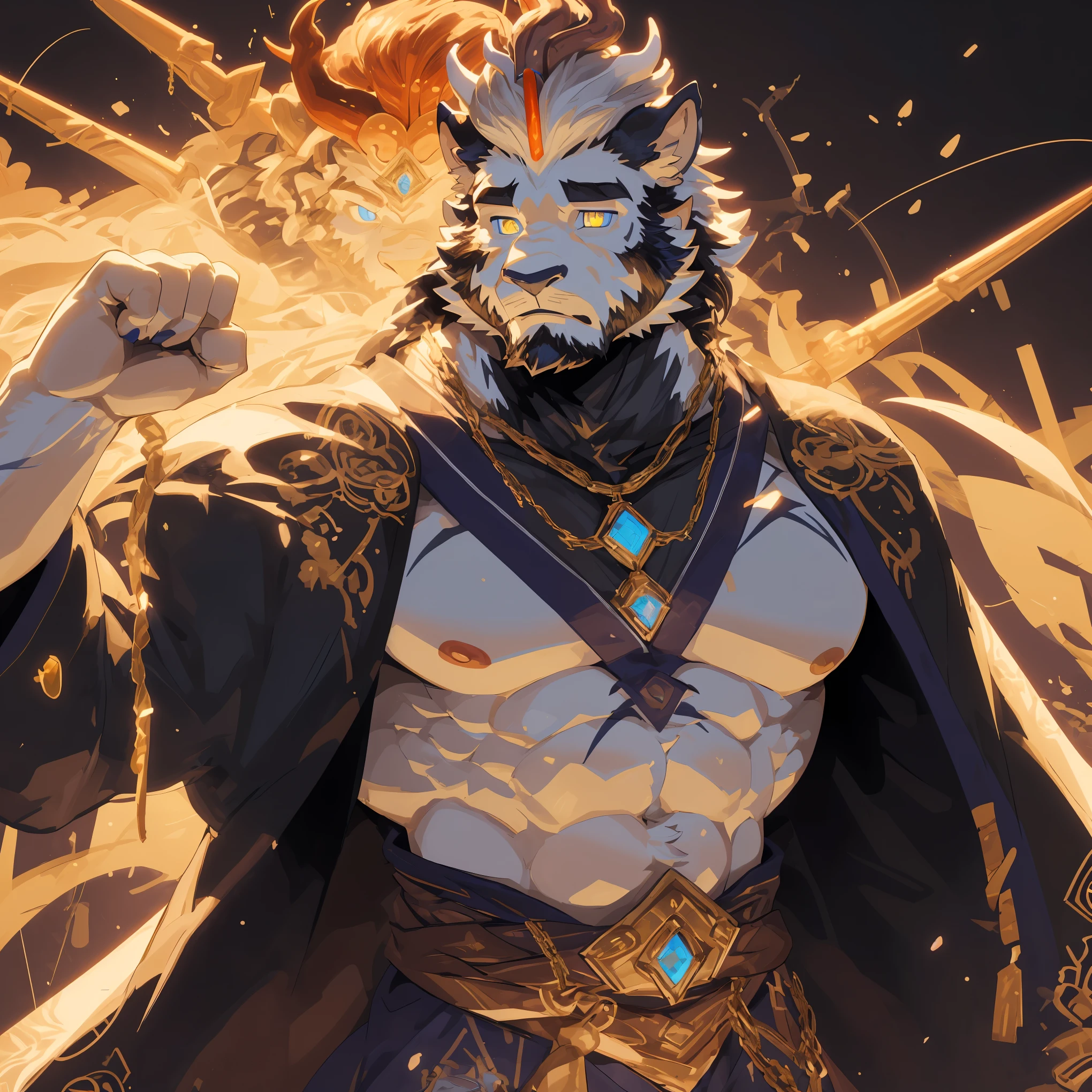 (Kirin:1.5),(Gorgeous golden battle robe:1.5),32k high quality detailed art,(Kirin:1.1), (((white fur:1.8))),(white cool color),(Gold and blue different color eyes:1.6),(muscular body:1.2),Handsome,(OK),(perfect face),(anger:1.1),(golden and white skin:1.6),(Thunder background:1.6),(Full body close-up:1.5),Publaz, (Kirin:1.1),(((Neat and decent body:1.5))),Handsome, (OK),Express,(Thunder background:1.4),(eyes:1.3),(Kirin tail),不同的Express,(perfect masterpiece),(32k),(abdominal muscles:1.3),(((middle aged:1.4))),(36 years old),(alone),(Golden sideburns:1.5),(Golden-bearded:1.3),(black chin:1.3),(black and white face:1),(Very rich facial details:1.3),(Strong),(Half body),(front view),(cg),(HD),(serious expression:1.6),(White lines:1.4),(scales:1.3),(white ears:1.4),(自信的eyes:1.4),(Domineering pose:1.5),(bird's eye view),(stand),(front view)