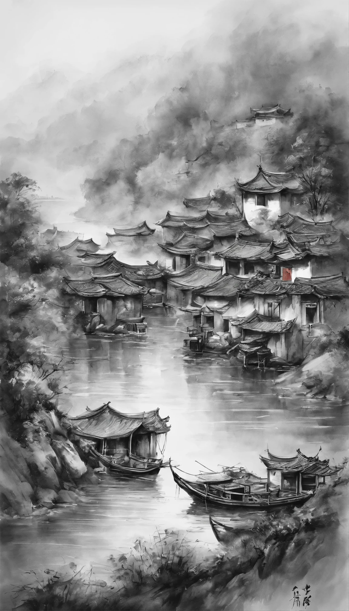 black and white tones，ink画，吴冠中ink画，A combination of East and West，ink，ink，Jiangnan water town，black and white art，Wu Guanzhong style，Wu Guanzhong Art，8k，Super fine，Super realistic，masterpiece，masterpiece，best quality
