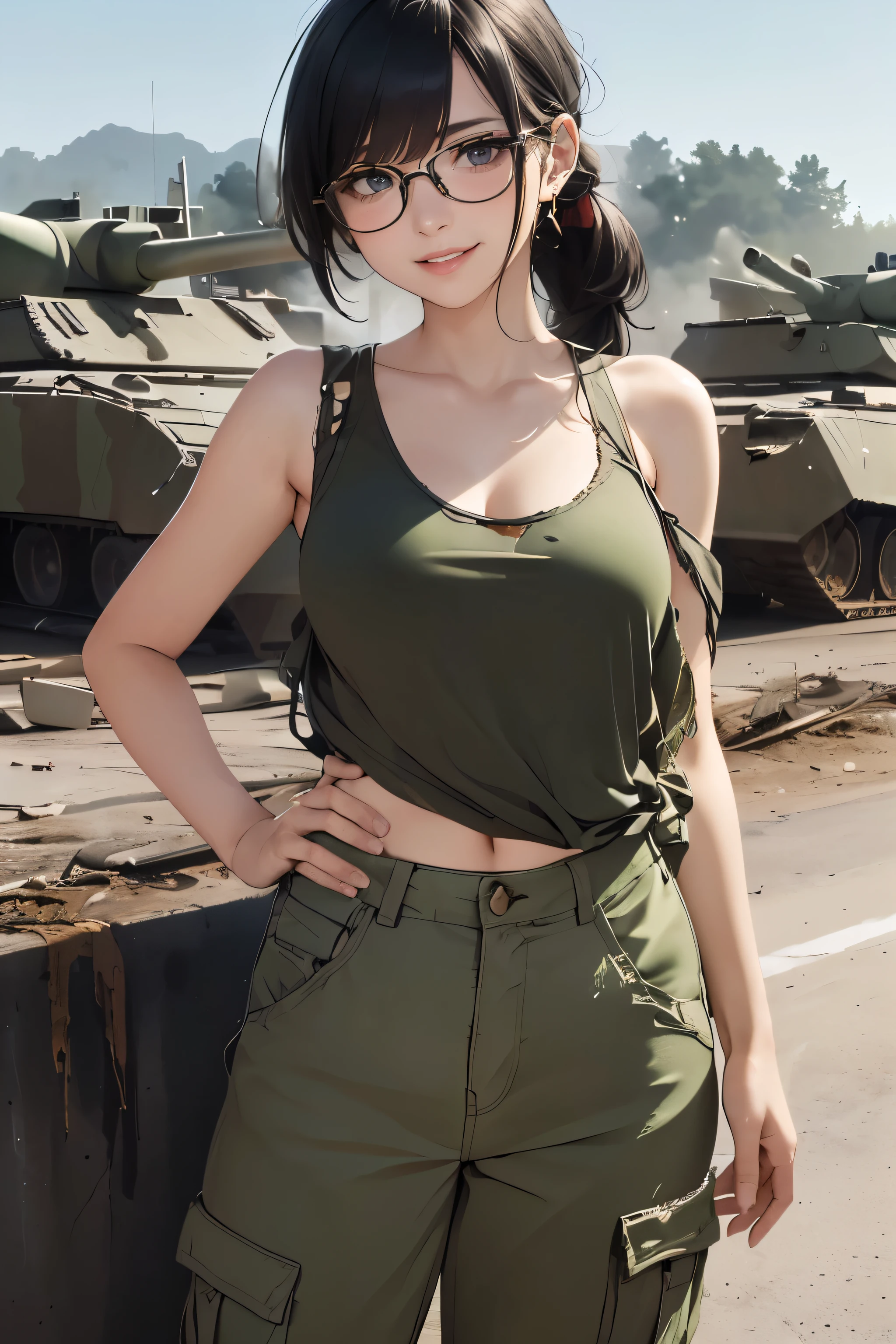 ((wide angle image)), beautiful female veteran, black hair in a ponytail, bangs, wearing large glasses, wounds, injuries, confident smile, (((wearing a white military tank top, layered with ww2 Oversized military uniform, Wearing ww2 military pants. Oversized, Off shoulders, Distressed, worn-out))), on the ww2 battlefield.