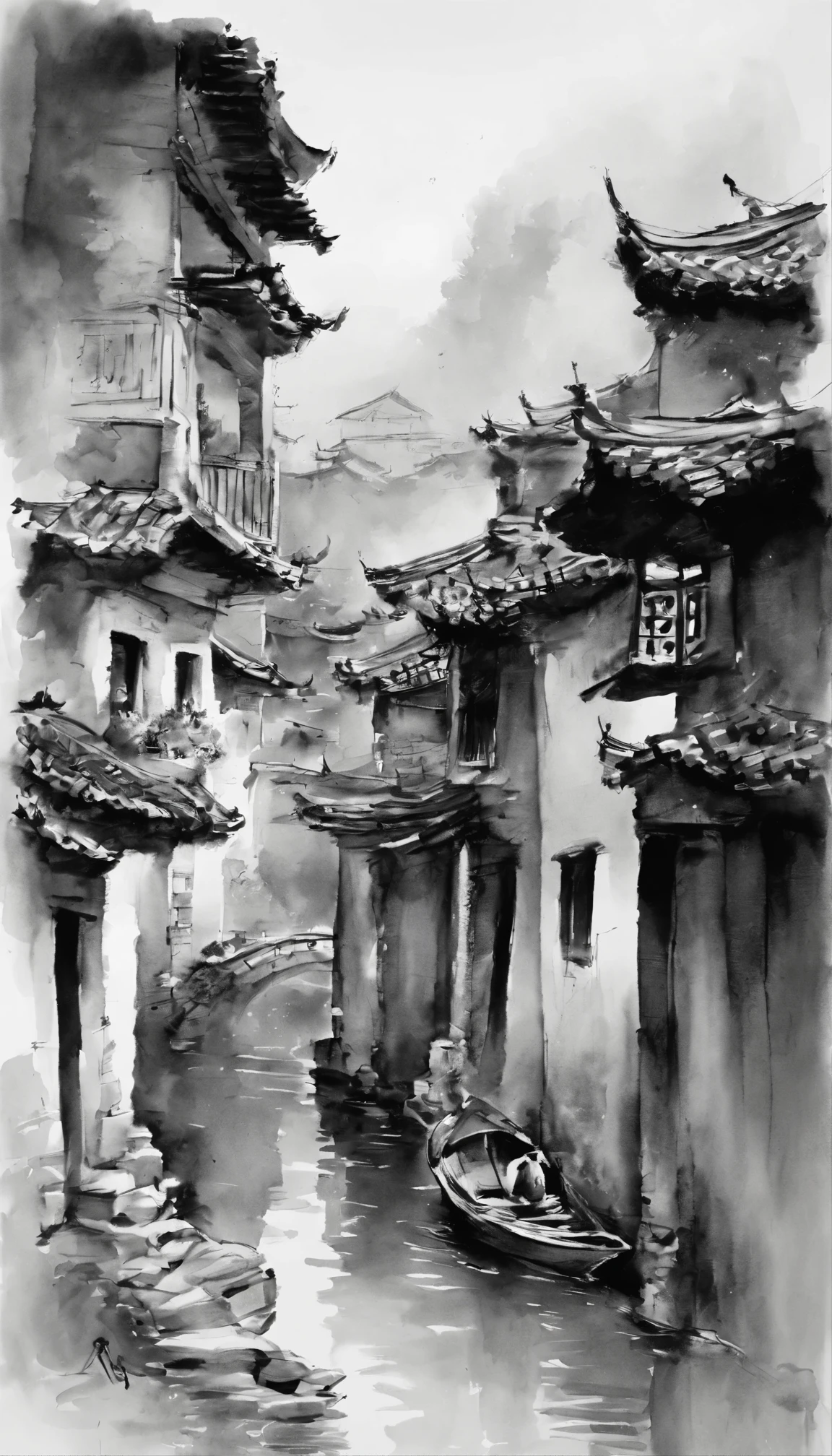 black and white tones,ink画,吴冠中ink画,A combination of East and West,ink,ink,Jiangnan water town,black and white art,Wu Guanzhong style,Wu Guanzhong Art,8k,Super fine,Super realistic,masterpiece,masterpiece,best quality