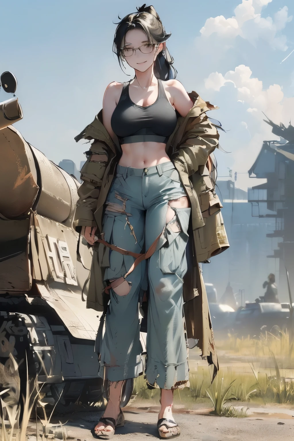 ((wide angle image)), beautiful female veteran, black hair in a ponytail, bangs, wearing large glasses, covering a wound, injured, smiling confidently, (((wearing a white military tank top, layered with a ww2 Oversized military shirt , wearing ww2 military pants Oversized, Off shoulders, Distressed, worn-out))), on the ww2 battlefield