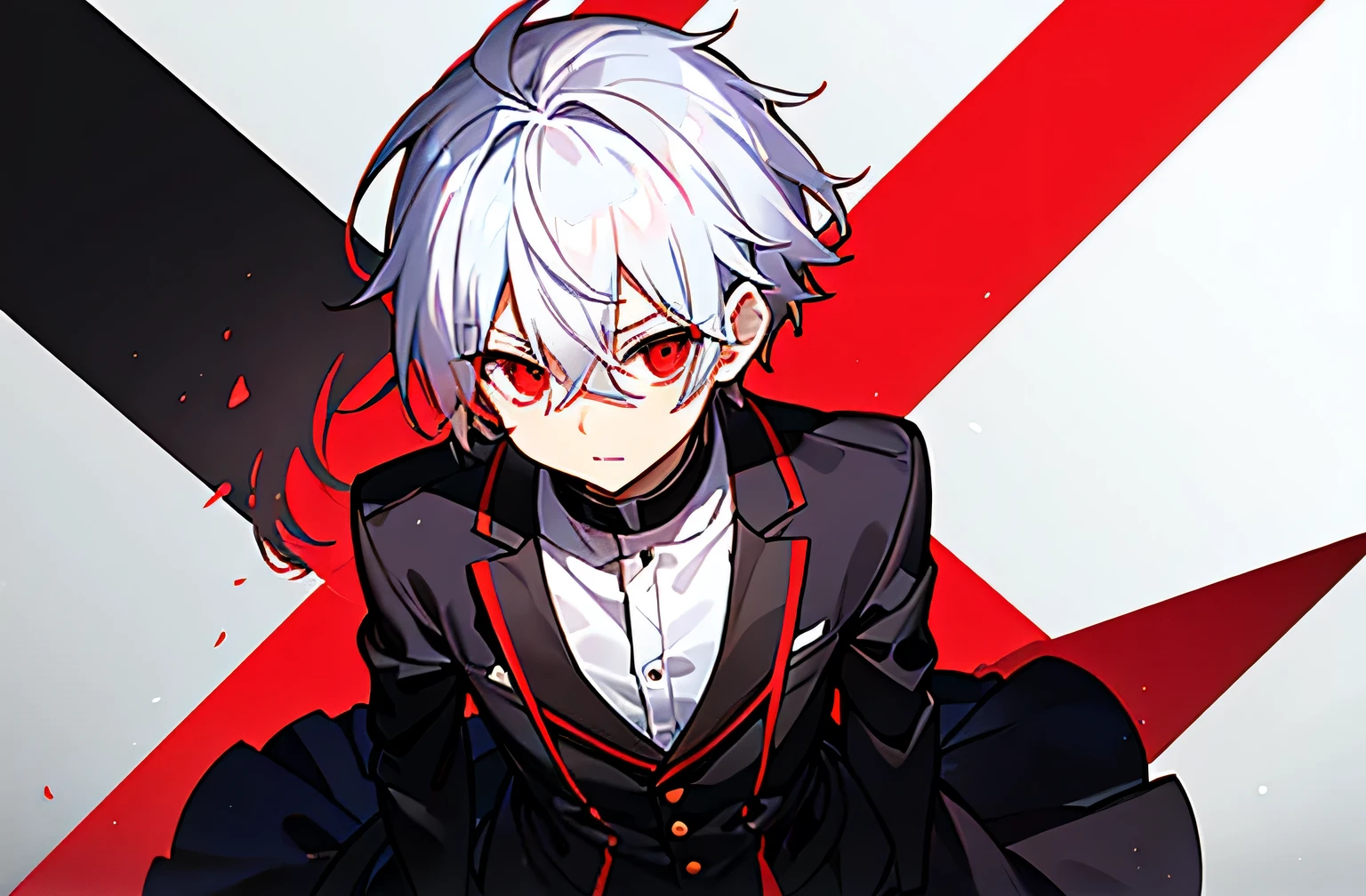 High resolution,close distance、Anime boy with white hair and red eyes stares at camera, glowing red eyes,slim, wearing black clothes,shadow body,colorful background,hair is dirty,yameroyandere, diagonal angle,messy hair