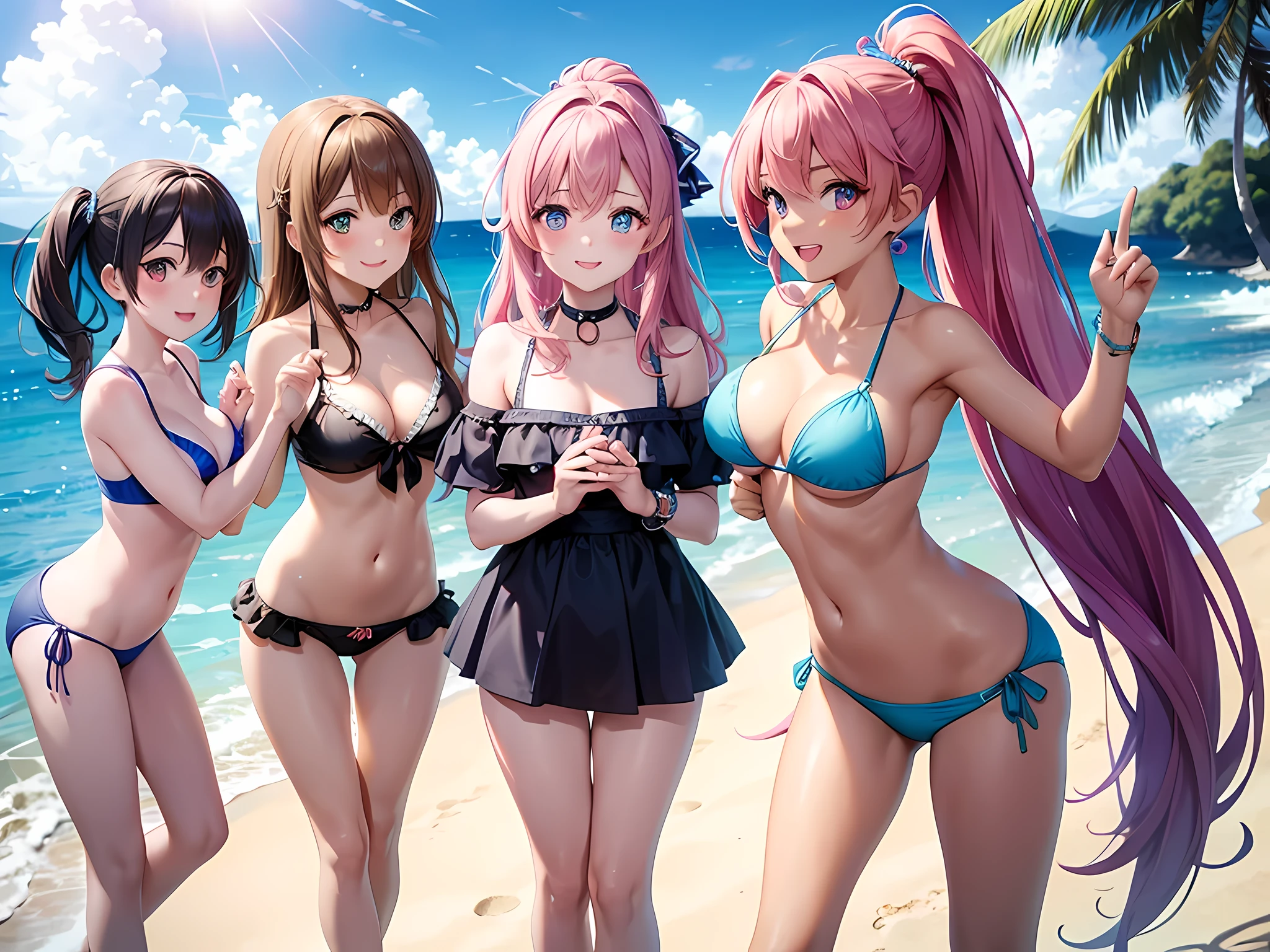 (anime screencap:1.2), (best quality, ultra-detailed, paintings, studio lighting, vivid colors, beautiful detailed eyes, beautiful detailed lips, (4 cute girls:1.3), ponytail style, (colorful eyes), (accessories), colorful bikinis, summer fun, beach side scene, (playful poses), joyful expressions, colorful background, warm sunlight, soft shadows, standing, ((from front)), smile, (blush),