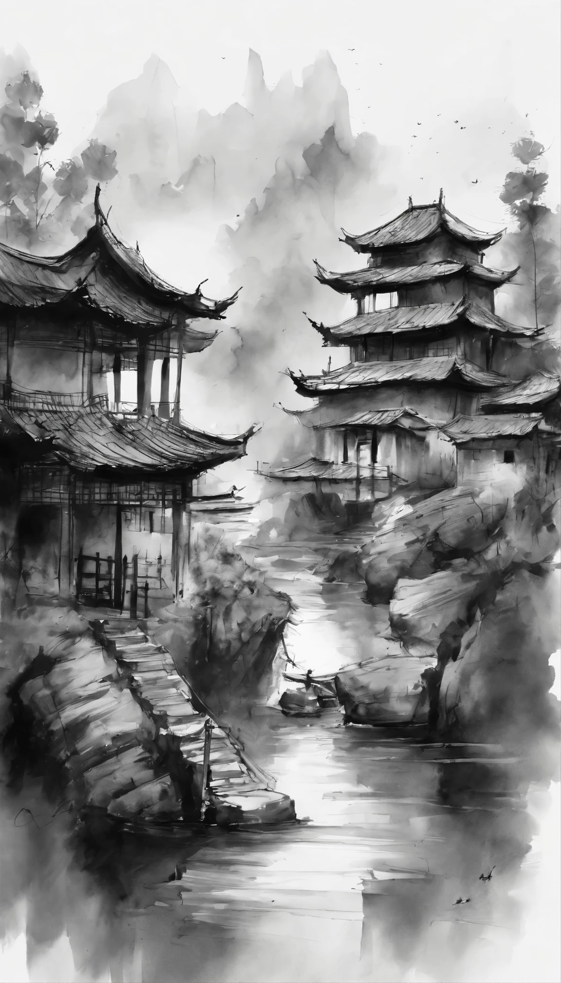 black and white tones，ink画，吴冠中ink画，A combination of East and West，ink，ink，Jiangnan water town，black and white art，Wu Guanzhong style，Wu Guanzhong Art，8k，Super fine，Super realistic，masterpiece，masterpiece，best quality