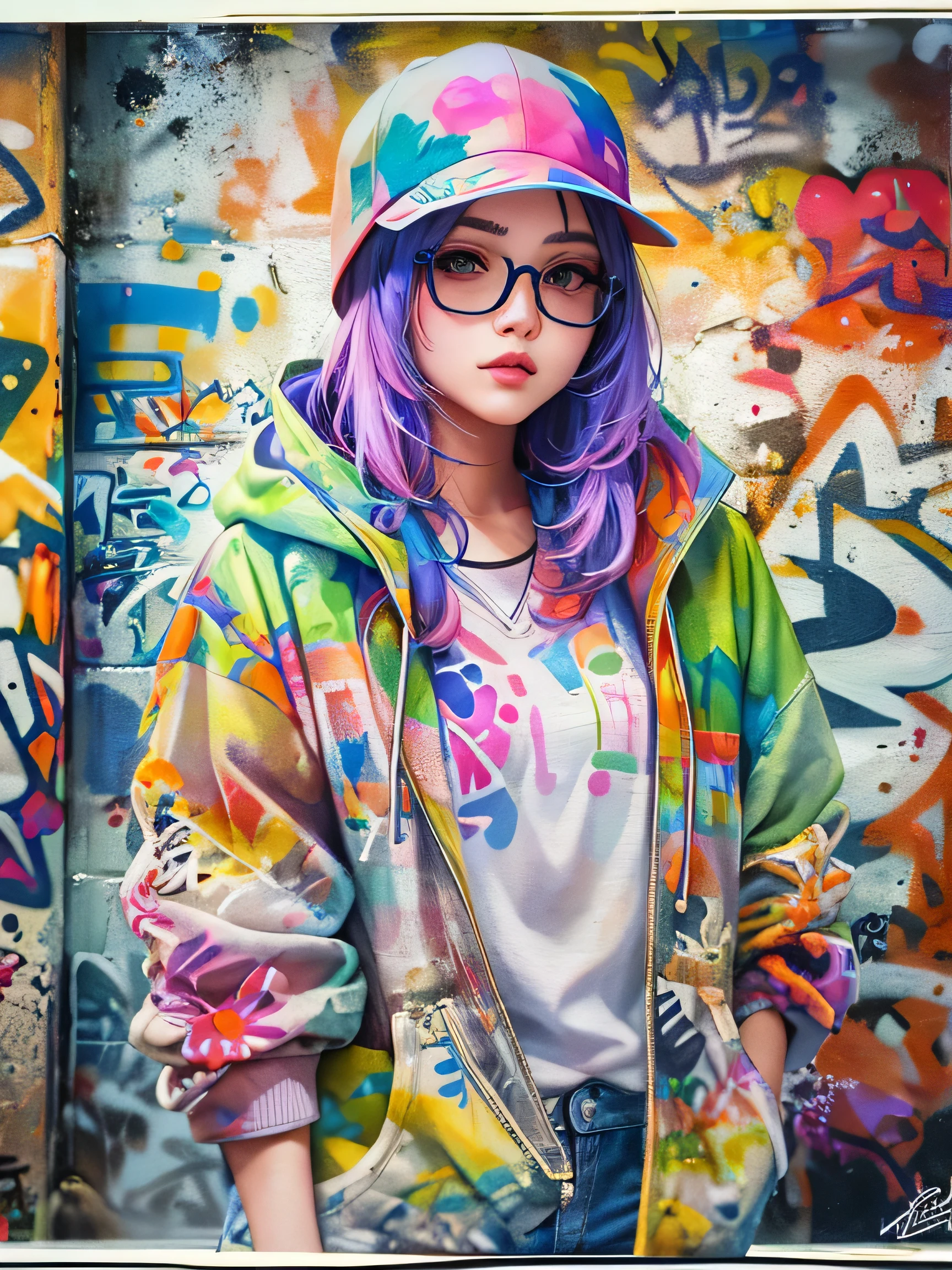8K quality, watercolor painting, stylish design, (((The strongest beautiful girl of all time))), (((Japanese)))、clear, stylish glasses, Fashionable hats, (((highest quality))), bob hair, put your hand on the wall, HDR, ((Detailed details)), stylish fashion, detailed clothing texture, (((graffiti art))), colorful hair, ((masterpiece))、((Super detailed))