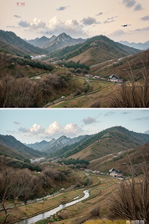 Create an image of Wu Guanzhong, showing the artist painting a typical Chinese landscape. In the scene, include craggy mountains, twisted trees and floating clouds. The artist should be shown with his palette and brush, capturing the beauty of the scene on his canvas. Use an earthy, natural color palette to give the image an authentic, traditional feel.