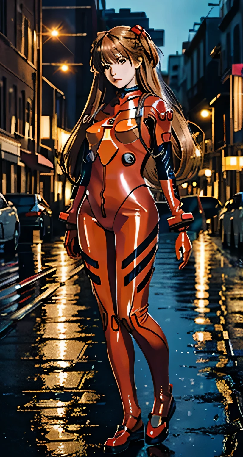 best quality, masterpiece, realistic, photorealistic, 1girl, solo, looking at viewer, full body, standing, long hair, asuka cosplay costume, cosplay, plugsuit, bodysuit, hair ornament, detailed background, in street, night, light, rain, 