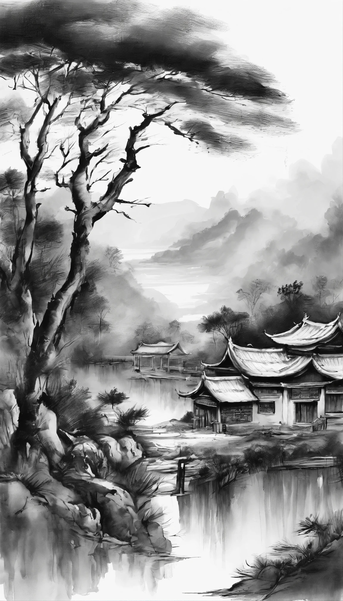 black and white tones,ink画,吴冠中ink画,A combination of East and West,ink,ink,Jiangnan water town,black and white art,Wu Guanzhong style,Wu Guanzhong Art,Minimalism,8k,Super fine,Super realistic,masterpiece,masterpiece,best quality