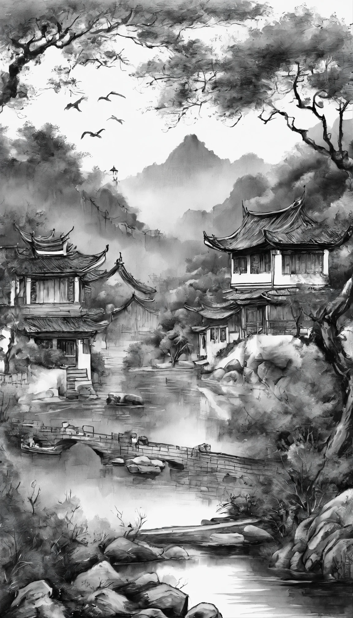 black and white tones,ink画,吴冠中ink画,A combination of East and West,ink,ink,Jiangnan water town,black and white art,Wu Guanzhong style,Wu Guanzhong Art,Minimalism,8k,Super fine,Super realistic,masterpiece,masterpiece,best quality