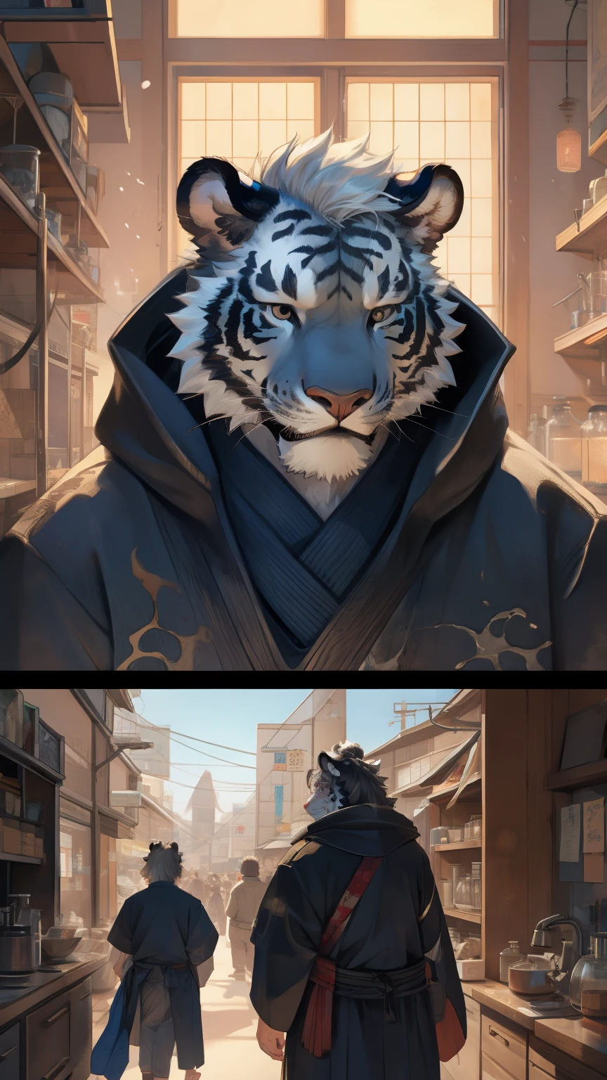 Japanese animation，Ancient，depraved，etching，Closed laboratory，studio lighting，Kyoto Manga，metal texture wall，male，furry，white tiger，white fur，black pattern，white hair，black eyes，golden pupils，Strong body，face close-up，whole body，expectations，Octance rendering，The low-purity tone，high detail，high quality