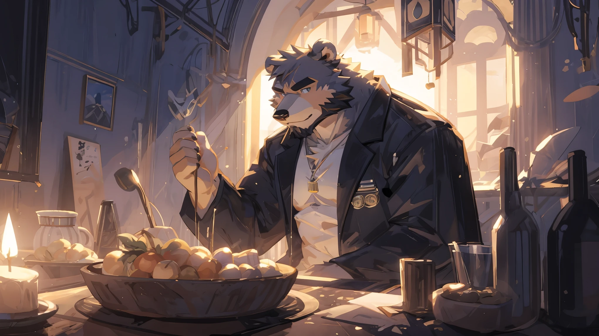 (masterpiece:1.2), best quality,PIXIV,official art,(ray tracing,cinematic lighting),cloudy_sky,(1_male:1.3), solo, anthro, (muscle), (Grey fur:1.4), (muscular bear), (bear tail), (beard:1.2), midjourney, thick eyebrow, (sunny:1.3) , full_body, crotch_bulge, open shirt, naked inside, underwear, bare_feet , sea, petal . sink in the water, portrait