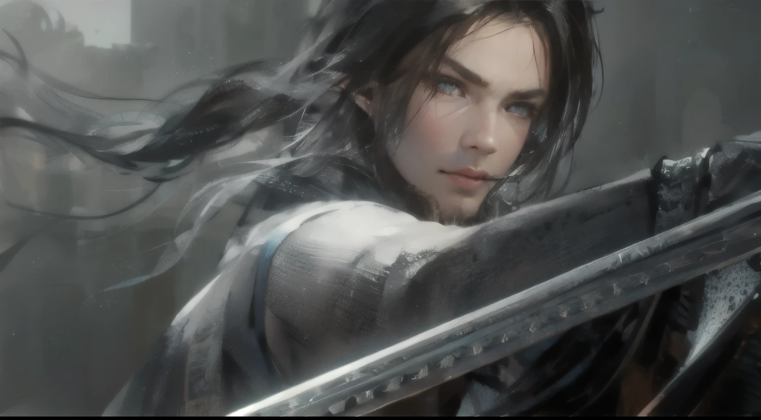 Close-up of a man holding a sword in a dark room, karl urban as a dragonslayer, handsome prince of persia, Inspired by Zhu Derun, wuxia, Beautiful male elf, by Li Mei-shu, Inspired by Li Gonglin, by Li Zai, author：Han Gan, Inspired by Li Kan, swordsman, author：Yang Jie