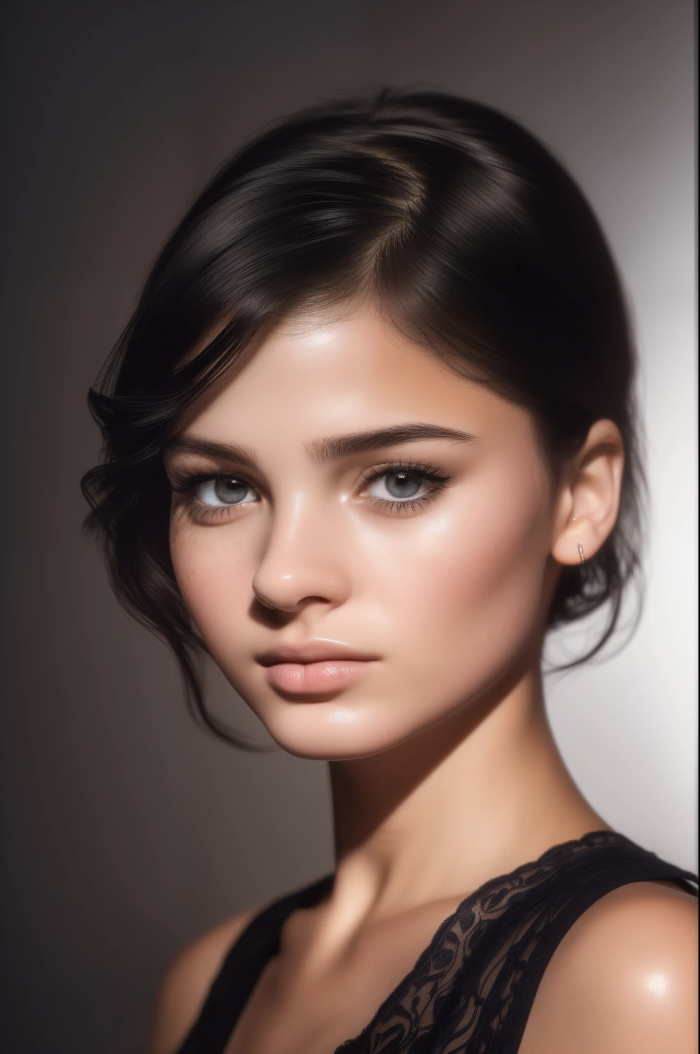 (RAW photo, best quality), (realistic, photorealistic), ((photo realistic)), 1girl, high quality, (high detailed skin:1.4), puffy eyes, gorgeous hair, (dark room:1.3), (rim lighting:1.3), (dimly lit:1.3), (dark night:1.3), indoors, ((close-up to face)), portrait, black hair, dark background, short hair, looking at viewer, deep red lips, close-up