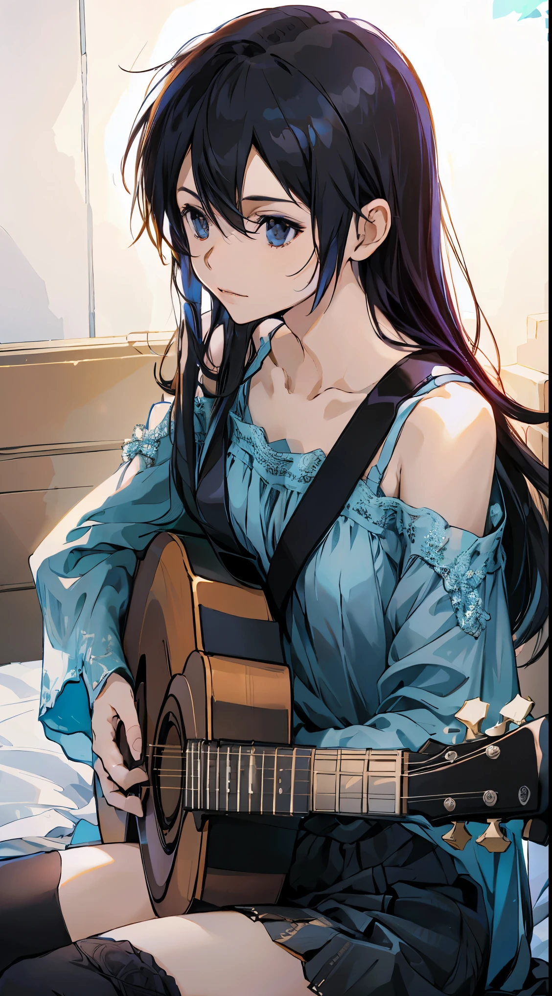 woman sitting and playing guitar、28 years old、black hair messy hair、precision 6 string acoustic guitar:1.2、Anatomically correct fingers、acoustic guitar、Only 1 guitar、Please look straight ahead and sing、(Turn your face forward:1.2)、Christmas、Holy Cloth、mini skirt，Female Kirito，long hair，black stockings