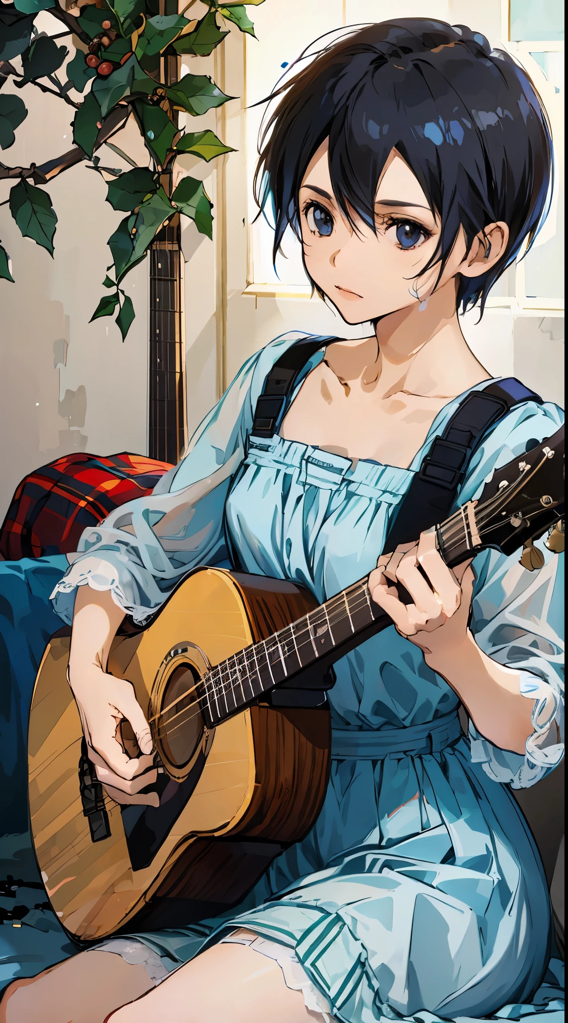 woman sitting and playing guitar、28 years old、black hair messy hair、precision 6 string acoustic guitar:1.2、Anatomically correct fingers、acoustic guitar、Only 1 guitar、Please look straight ahead and sing、(Turn your face forward:1.2)、Christmas、Holy Cloth、mini skirt，Female Kirito