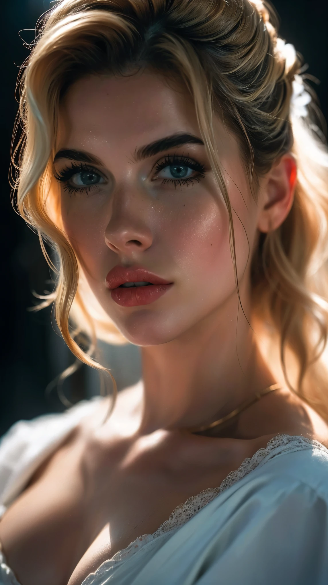 beautiful austrian woman, blonde, full body, topless, blonde hair, ponytail, long hair, blue eyes, bimbo lips, red lips, ((perfect natural breasts), photorealistic, photo, masterpiece, realistic, realism, photorealism, high contrast, photorealistic digital art trend on Artstation 8k HD high definition detailed realistic, detailed, skin texture, hyperdetailed, realistic skin texture,  Armor, best quality, ultra high resolution, (photorealistic: 1.4), high resolution, detailed, raw photo, sharp re, by Lee Jeffries Nikon D850 Film Stock Photography 4 camera kodak portra 400 lens f1.6 rich colors hyper realistic texture dramatic lighting unrealengine trend in artstation cinestill 800,