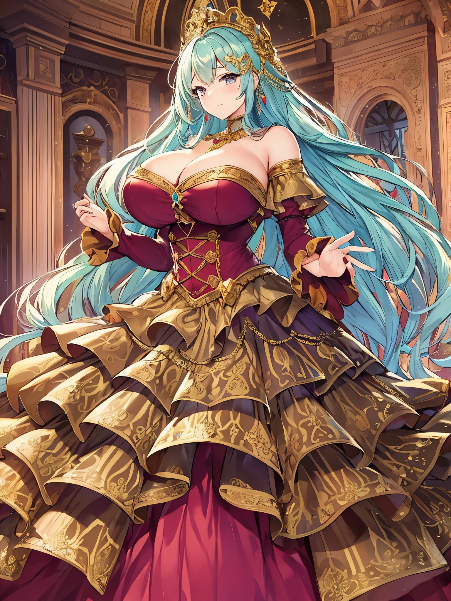 ((anime moe artstyle)),((Masterpiece)),(Best Quality), (Super Detail),(((Very Delicate and Beautiful))),Solo,((full body)),full body,((1 princess in a beautiful embroidery and jeweled enormous luxurious voluminous crinoline rococo ballgown)),(((very very gigantic tits,cleavage,curvy))),Skindentation,((castle)),((crinoline,long train,voluminous full length hoop skirt)),beautiful embroidery and jeweled,((enormous luxurious voluminous crinoline rococo ballgown)),(detailed face and eyes),jewel-like eyes,((extremely voluminous straight Hair,Extremely Long Straight Hair)),extremely gorgeous hair ornament,((extremely gorgeous bling-bling big tiara)),bling-bling luxurious jewelry,(Dynamic Angle),((beautiful embroidery and jeweled gorgeous enormous luxurious voluminous crinoline rococo ballgown)),voluminous full length hoop skirt,(full body)