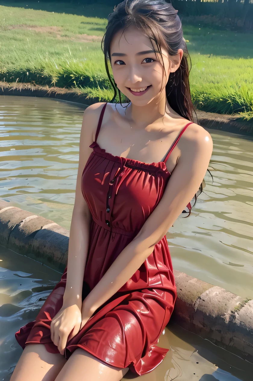 (masterpiece, best quality:1.2), cowboy shot, Japanese high-school student, big smile, looking at viewer, Show the armpit, (red dress:1.2), wet muddy field, dripping with mud, submerged, covered all over with mud, muddy arms, muddy hair, muddy face, wet clothes, soaked, dripping wet, wet hair, wet skin, translucent, glistening with oil, fully clothed, (from bellow:1.3), (looking down, watching at Viewer),