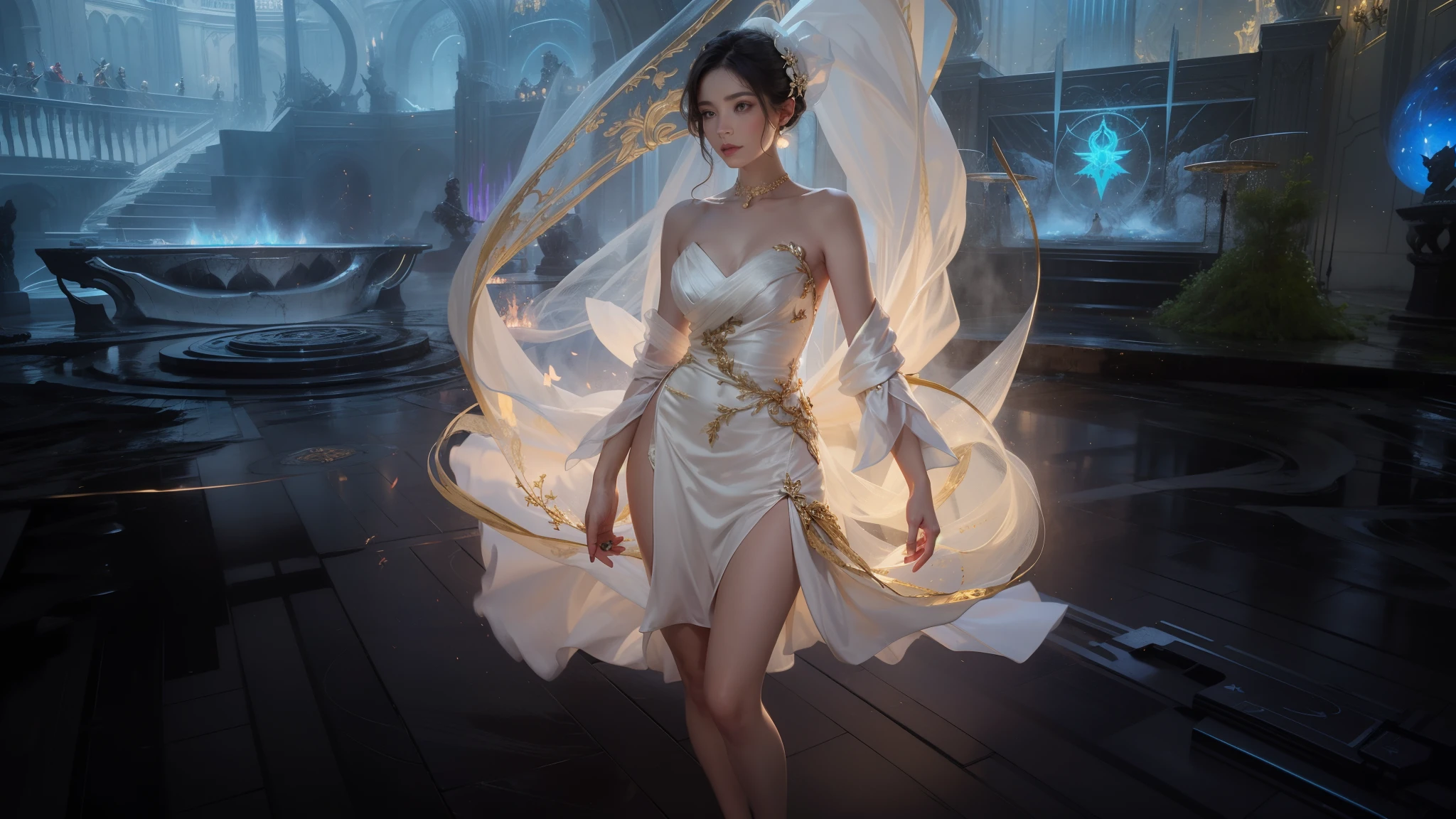 Il y a une femme en robe blanche debout dans une pièce, avec des runes lumineuses sur le corps, Appears as the goddess of fire, Complete lava dress, wispy, ethereal tanned skin, White and gold priestess dresses, pose de lancement de sorts, dressed in&#39;une armure de combat éthérée, d&#39;a beautiful female warframe, golden tech dresses, tenue futuriste