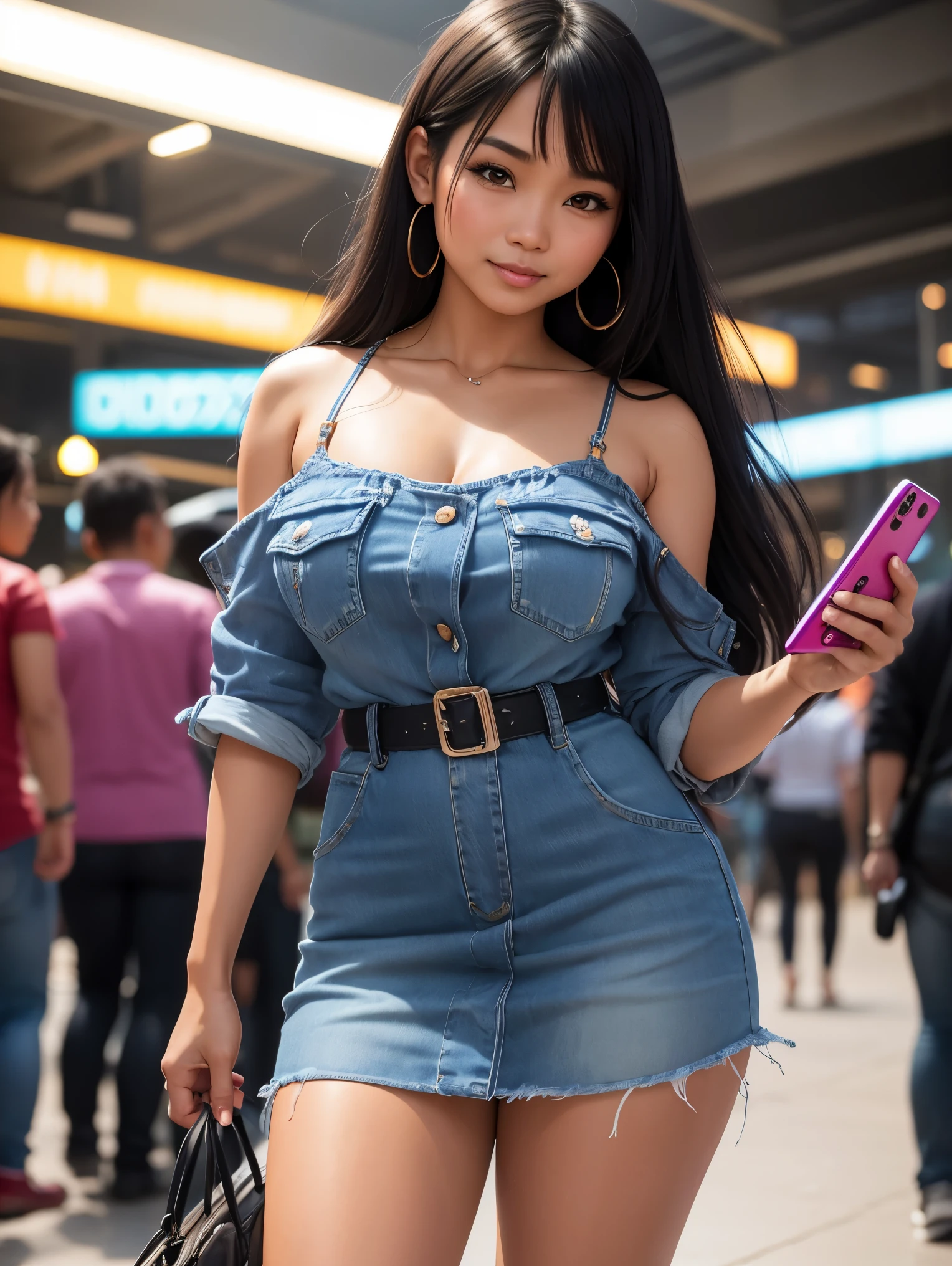 (30 years old, wearing denim dress), ((cute SFW Filipina|Thai woman holding colorful_smartphone, thighs, detailed face and eyeshadow, crowded cyberpunk plaza)), hourglass figure, smile, intricate, big breasts, bangs, (long hair), Cinematic lighting, global illumination, studio lighting, daytime, highly detailed, 64k, octane render, trending on artstation, soft fill lighting