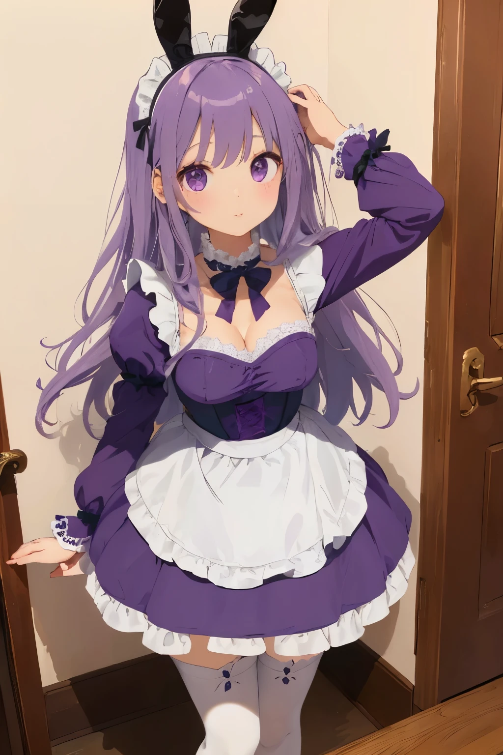 ((best qualiaraffe woman in a purple dress posing in a room, ultrarealistic sweet bunny girl, skydoll noa, maid dress, trending at cgstation, anime barbie in white stockings, gorgeous maid, plastic doll, delightful, anime barbie doll, photo of slim girl model, barbie doll in panties and bra, 165 cm tall, cute pocelain dollty)), ((masterpiece)), (detailed), perfect face