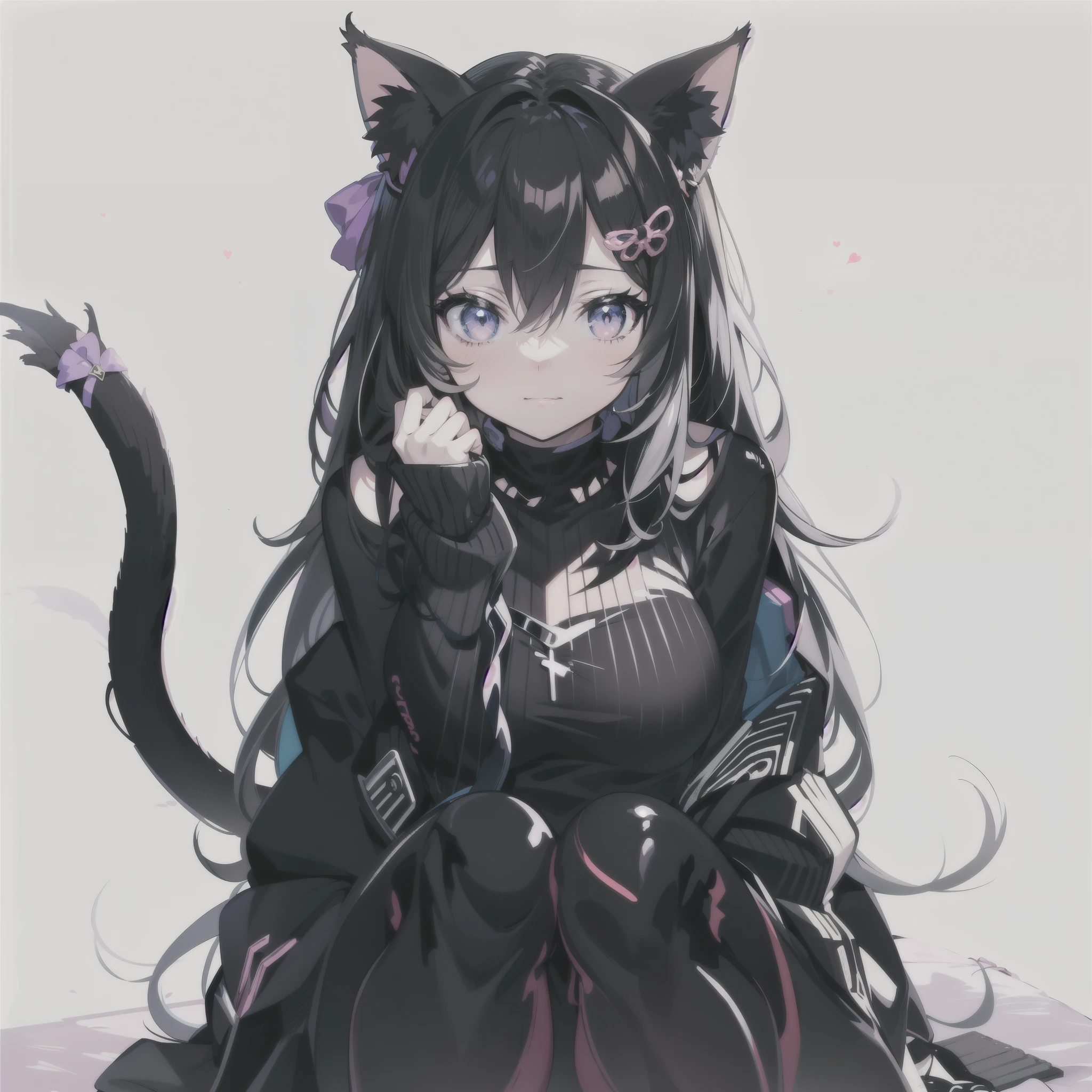 1girl, (masterpiece), best quality, expressive eyes, perfect face, long hair, bangs, ((black hair)), ((white hair)), ((multicolored hair), ((black dress)), animal ears, cleavage, bare shoulders, twintails, very long hair, closed mouth, ((green eyes)), standing, tail, pantyhose, detached sleeves, ((cat ears)), small breasts, streaked hair, ((cat tail)), ((animal ear fluff)), black pantyhose, ((low twintails)), ((cat girl))