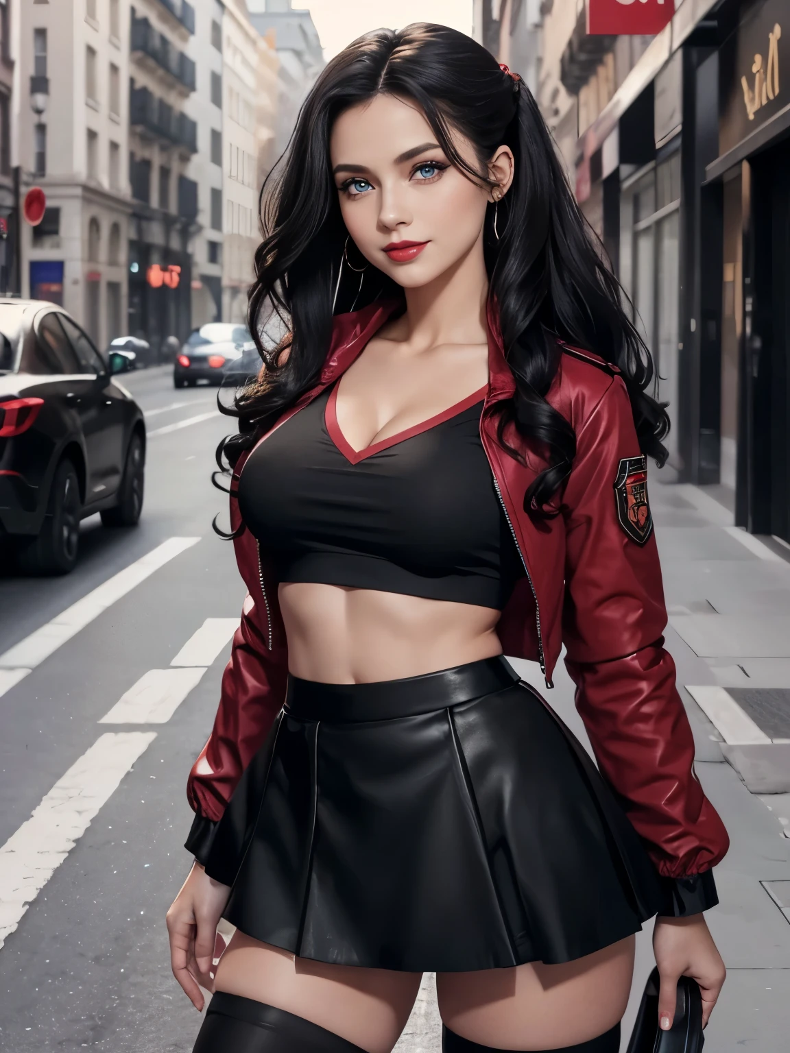 Caucasian woman; black hair, wavy hair, long hair, updo hair; blue eyes, lined eyes, ((highlight eyes)), shiny eyes; red lipstick, makeup; smile; (athletic body), medium breasts, nipples; (((legs))); (red jacket); (((black top))), (((black skirt))), (((short skirt))), black stockings; in city; front view.