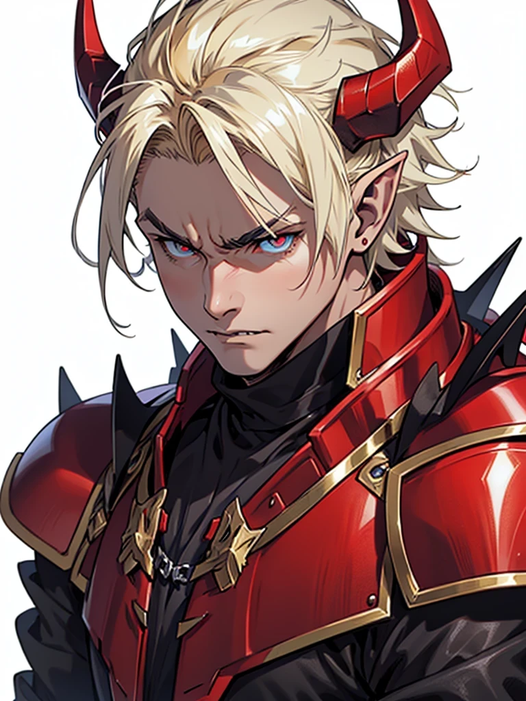 anime medieval art, masterpiece, best quality, male, solo, close up portrait, detailed composition, detailed eyes, detailed hair, (((white background))), short spiky hair, elf, blond hair, angry face, (((wearing black clothes with red armor))), devil horns, glowing blue eyes, masculine