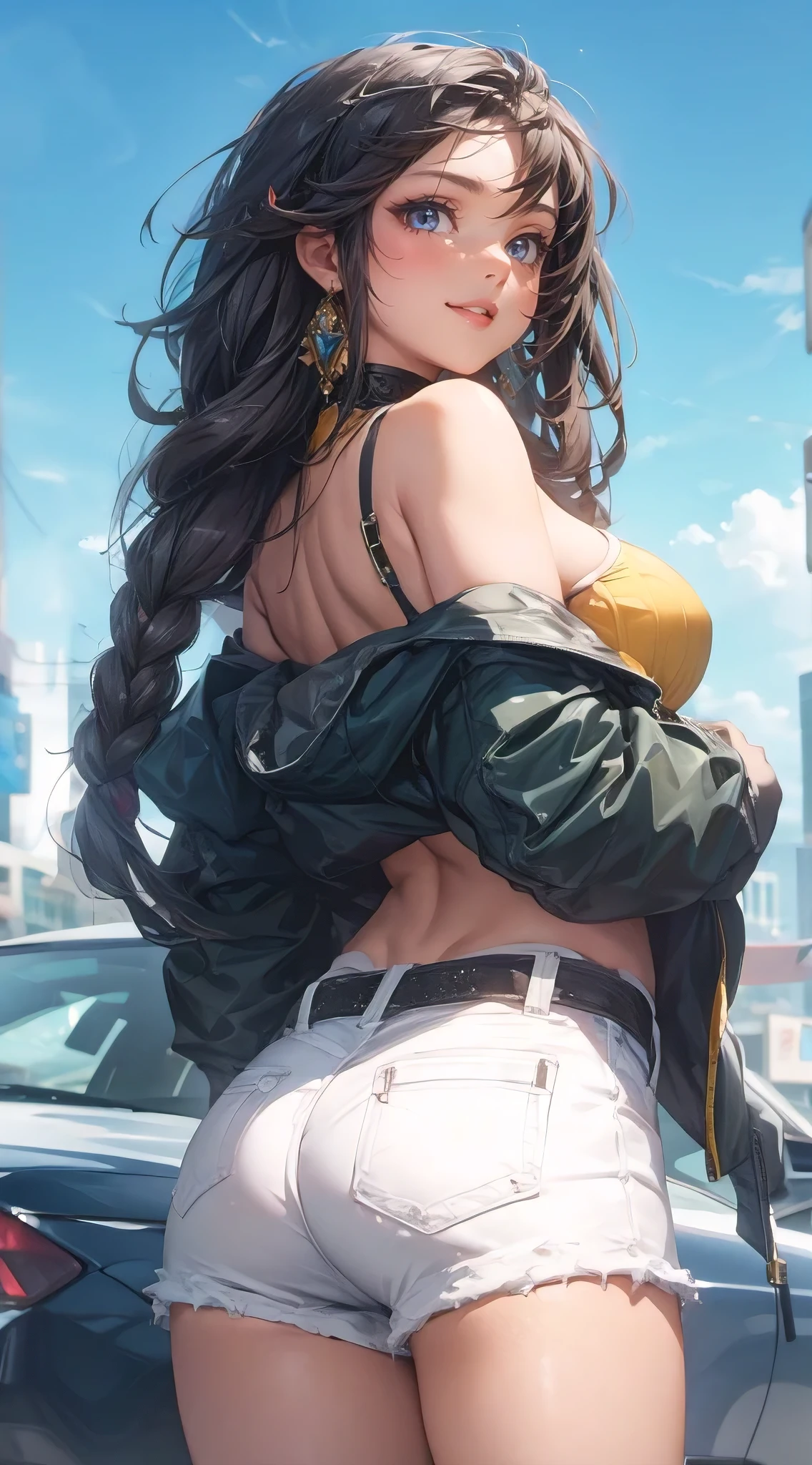 (best quality, masterpiece:1.2), perfect body, huge breasts, attractive woman, attractive woman, from behind, perfect body, wide hips, white shorts, yellow and black tube top, jacket, walking, smile, city streets, elaborate details