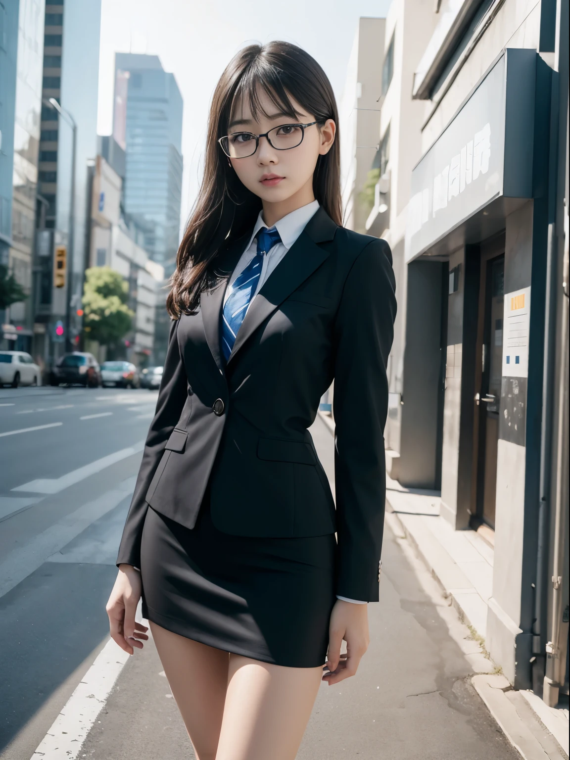 alone、solo、OL in her 20s in office uniform posing for a photo、victory、Tsundere、Single knot、OL、suit、blue mini skirt、anger、small、Glasses、slim girl model photo、physical:the smallest middle-aged man in history、female model、Japanese female fashion model、(8k、RAW photo、highest quality、masterpiece:1.2)、(real、photorealistic:1.37)、Super detailed、Ultra high definition、office Street、 standing position、whole body、((((SEXY)))