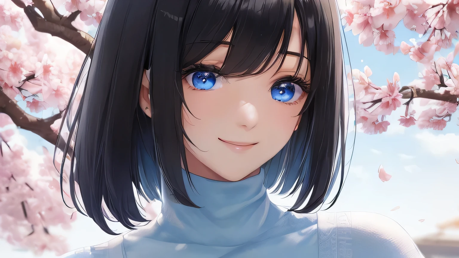 1 female、28 years old、美New髪, black hair、shortcut、bob cut、Rin々New、slanted eyes、eyeliner is clear、light blue eyes、long face、big smile、small bust、light blue long sleeve turtleneck、look at the cherry blossoms