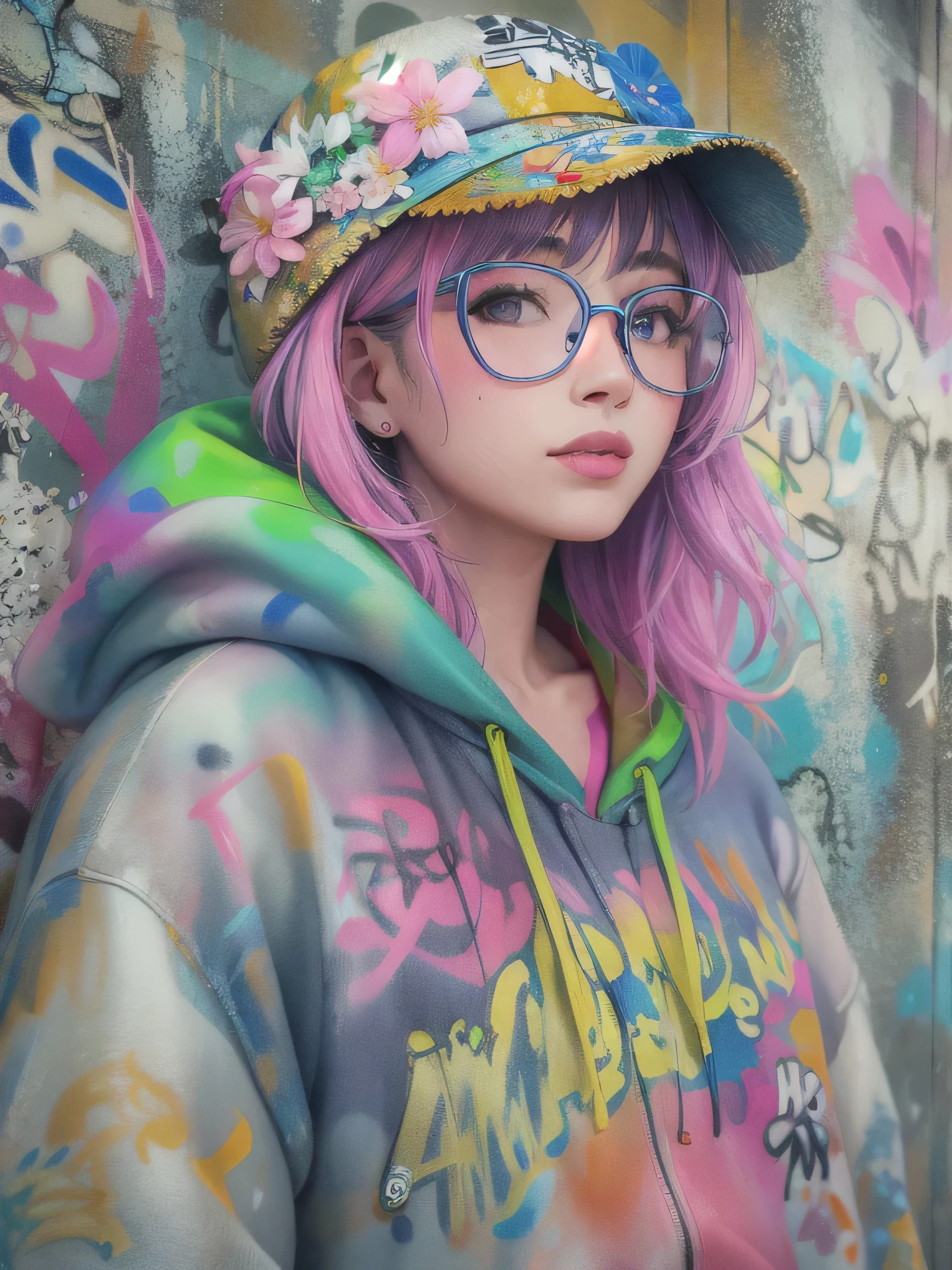 8K quality, watercolor painting, stylish design, (((The strongest beautiful girl of all time))), (((Japanese)))、AKB48、stylish glasses, Fashionable hats, (((highest quality))), bob hair, HDR, ((Detailed details)), oversized hoodie, detailed clothing texture, (((graffiti art))), colorful hair, ((masterpiece))、((Super detailed))、colorful flowers、bright future
