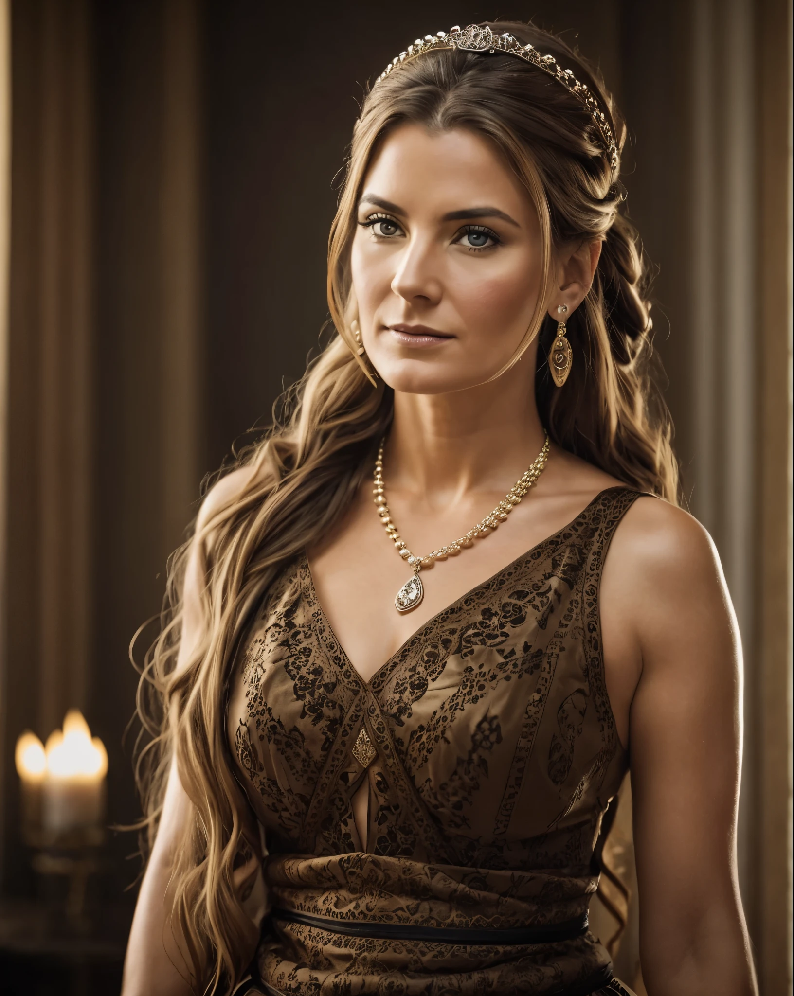 Craft an image of a Viking Queen, 45 years old Woman, extremely gorgeous, that not only showcases the regal nature of the Queen but also tells a story. Illustrate her in a moment of contemplation or action, capturing her inner turmoil or determination. Explore the duality of her character by contrasting her divine grace with the weight of her ruling ambition,