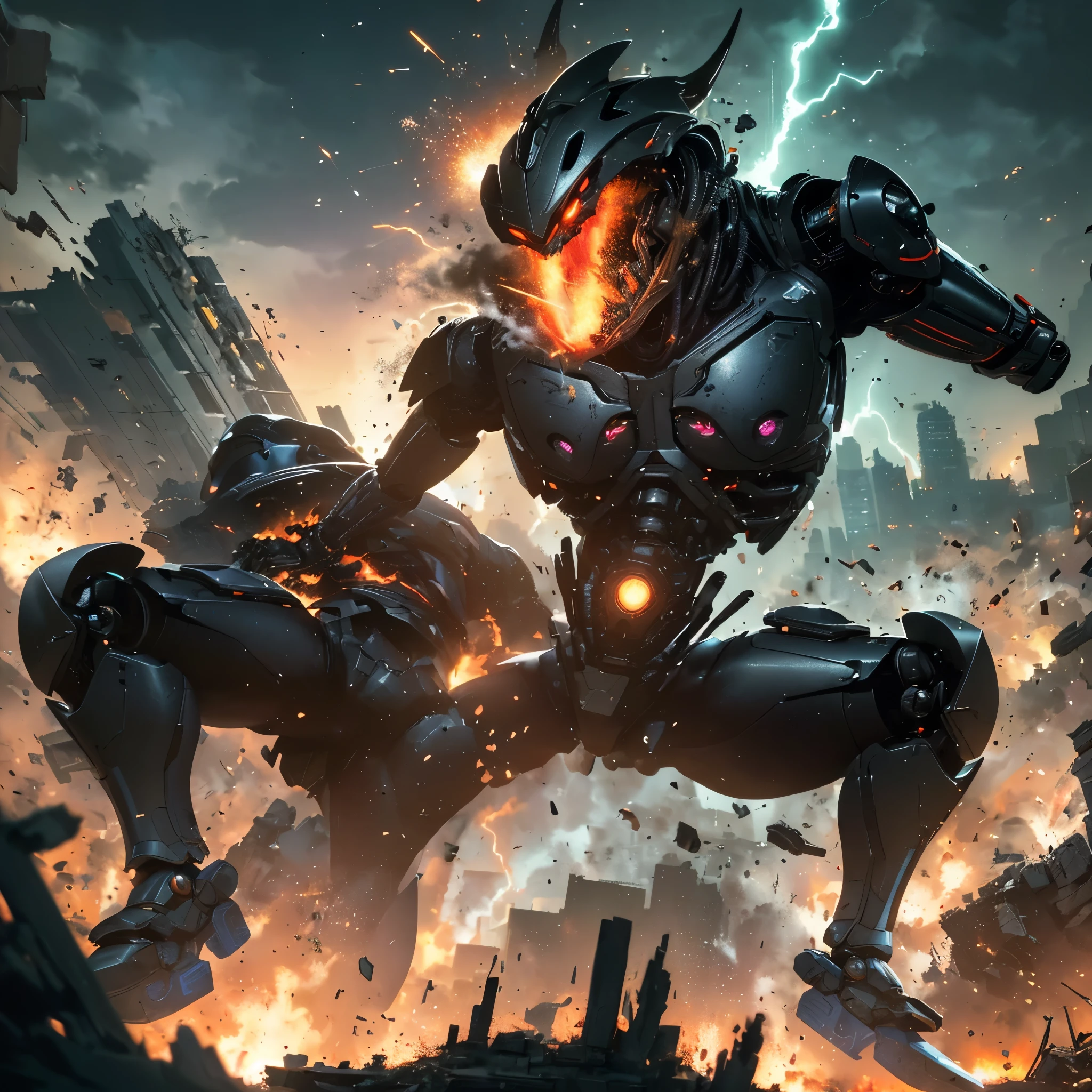 (best quality,4k,highres), (realistic:1.37), ultra-detailed, (professional), (vivid colors), (bokeh), vintage paper texture, Wu Guanzhong's art style, dynamic brush strokes, intense battle scene, intricate details, power-packed punches and kicks, towering buildings crumbling, vibrant explosions, energy bolts and beams, sparks and smoke, dramatic lighting, intense facial expressions, determined robot pilot, menacing alien beast, epic struggle of good vs evil, frenetic action, deep perspectives, attention to anatomy and proportions