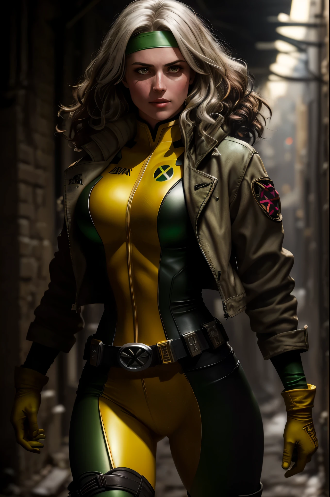 (dark shot: 1.1), epic realistic, Rogue from X-Men, 1 girl, only 1, beautiful, serious, green eyes, wavy auburn hair, (one white streak of hair), green headband, green and yellow bodysuit, jacket, belt, yellow gloves, open jacket, yellow boots, dark alley background, art by Greg Rutkowski and artgerm, soft cinematic light, Adobe Lightroom, darkroom, HDR, intricate, highly detailed, (depth of field: 1.4), faded, (neutral colors: 1.2), (hdr: 1.4), (muted colors: 1.2), hyper-detail (artstation: 1.4), cinematic, warm light, dramatic light (complex details: 1.1)