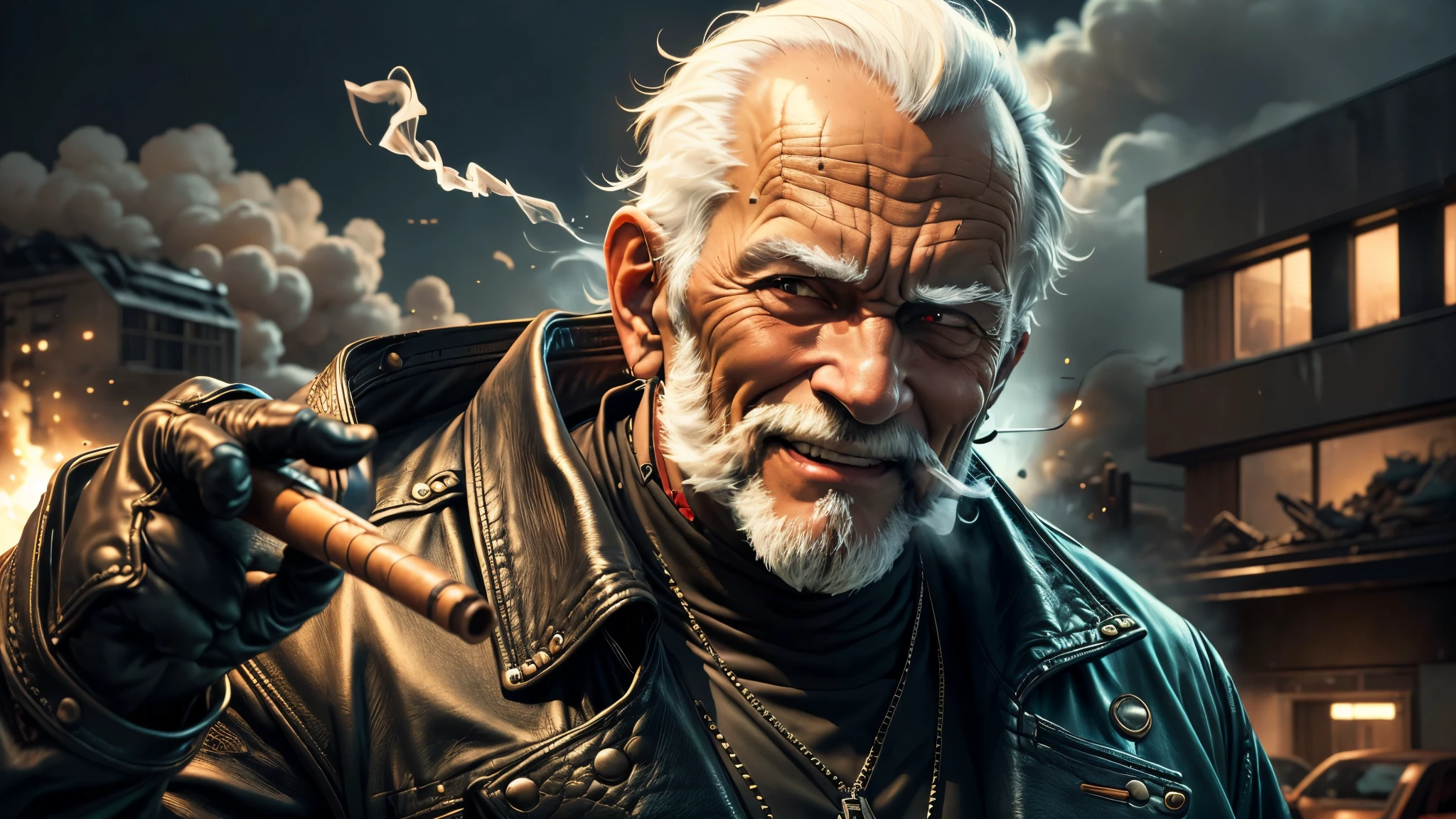 best quality, ultra high resolution，masterpiece, An old man wearing a black leather jacket，The expression showed a lewd smile，Smoking a cigar，There was a big explosion in the building behind the old man