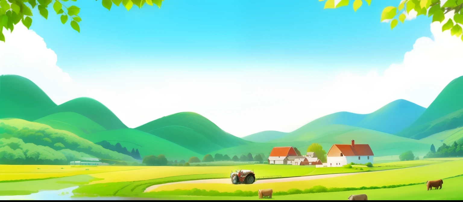 There is a cartoon of a farm scene，There are tractors and farms inside, farm background, rural area city scene, rural area, farmland背景, Distant village background, anime rural area landscape, background artwork, farmland, An idyllic and fertile land, rural scenery, in the rural area, landscape illustration, animation stills, sunny environment, agriculture, amazing background, animation stills, against a scenic background
