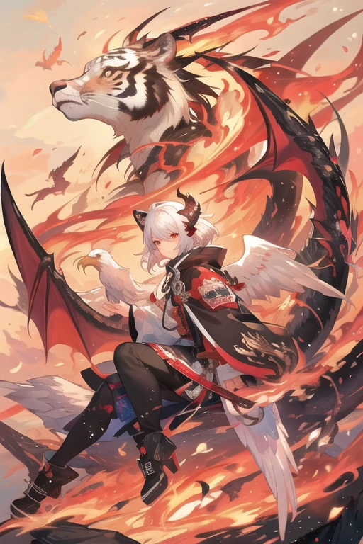 Fox face white eagle wings white tiger body dragon tail