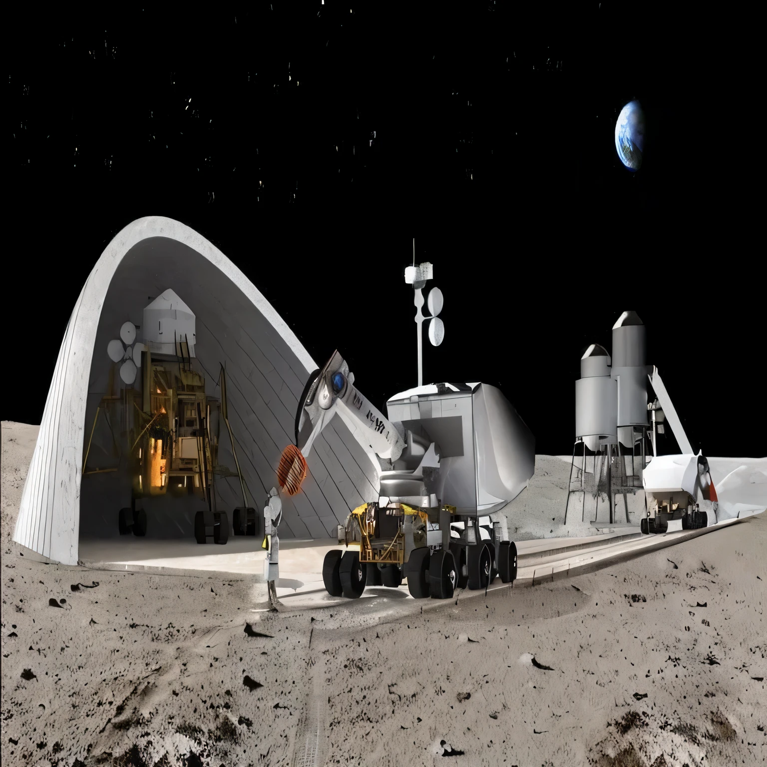 停exist建筑物附近表面上的车辆的特写, moon base, Space station on the moon, astronauts and space colonies, exist月球表面, landing on the moon, exist, moon mission, Mars base, exist and roscosmos, lunar soil, exist月球上, Apartment buildings on the moon, exist小行星表面