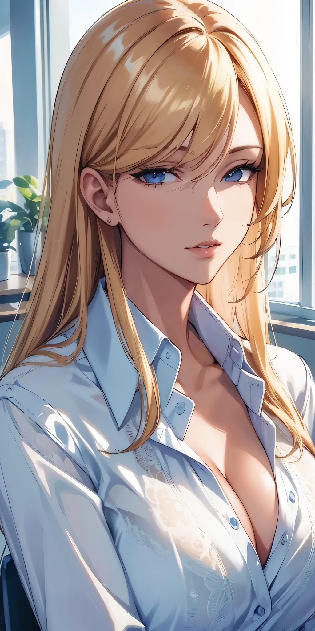 (best quality, highres), portrait, elegant boss lady, long straight hair, swept-side bang, [[[brown hair]]], blonde hair, high detailed eyes, transparent office shirt, see through shirt, cleavage, office window, flat color